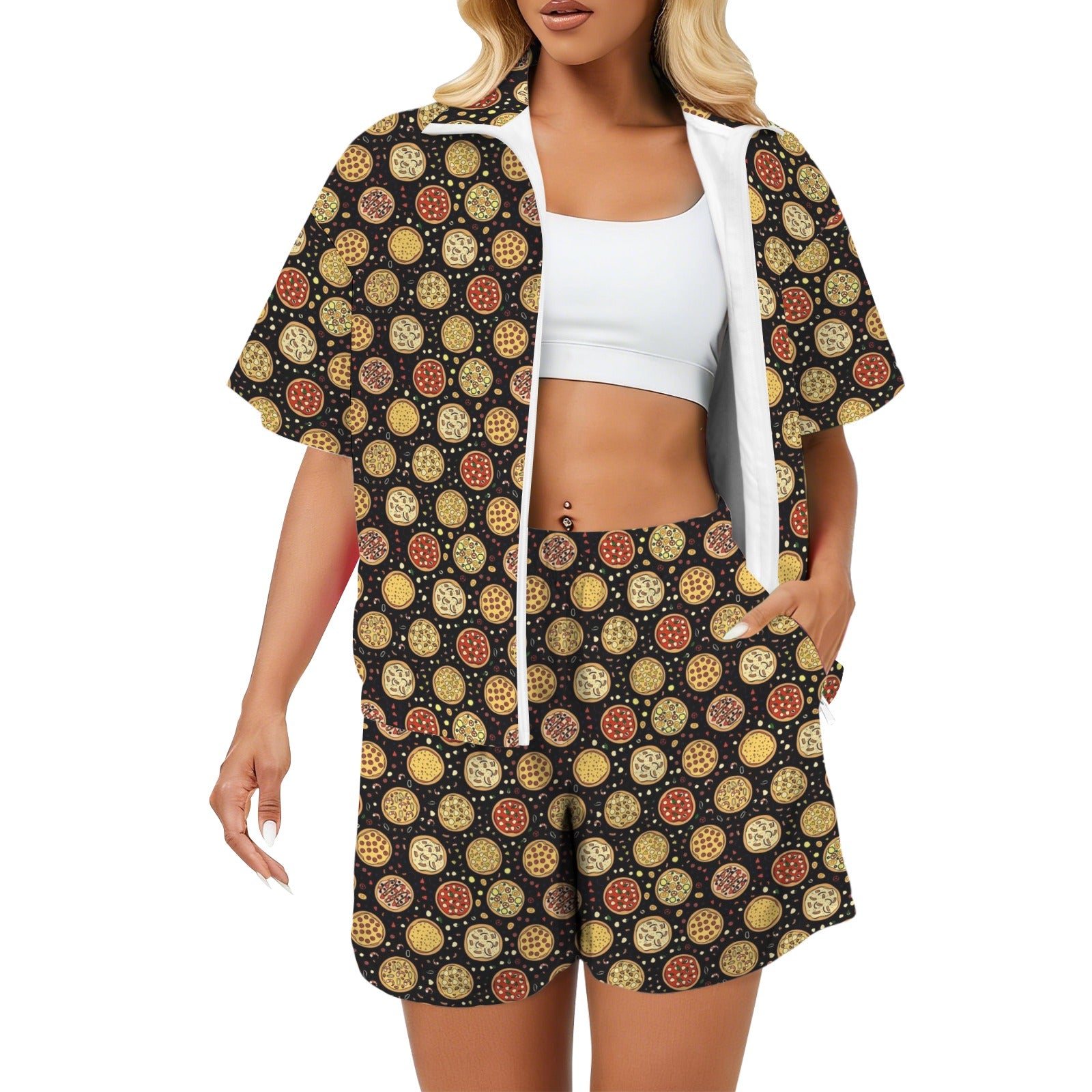 Round Pizzas On Black Women's Windbreaker Short Set 2XL Women's Windbreaker Short Set Food Printed Offshore