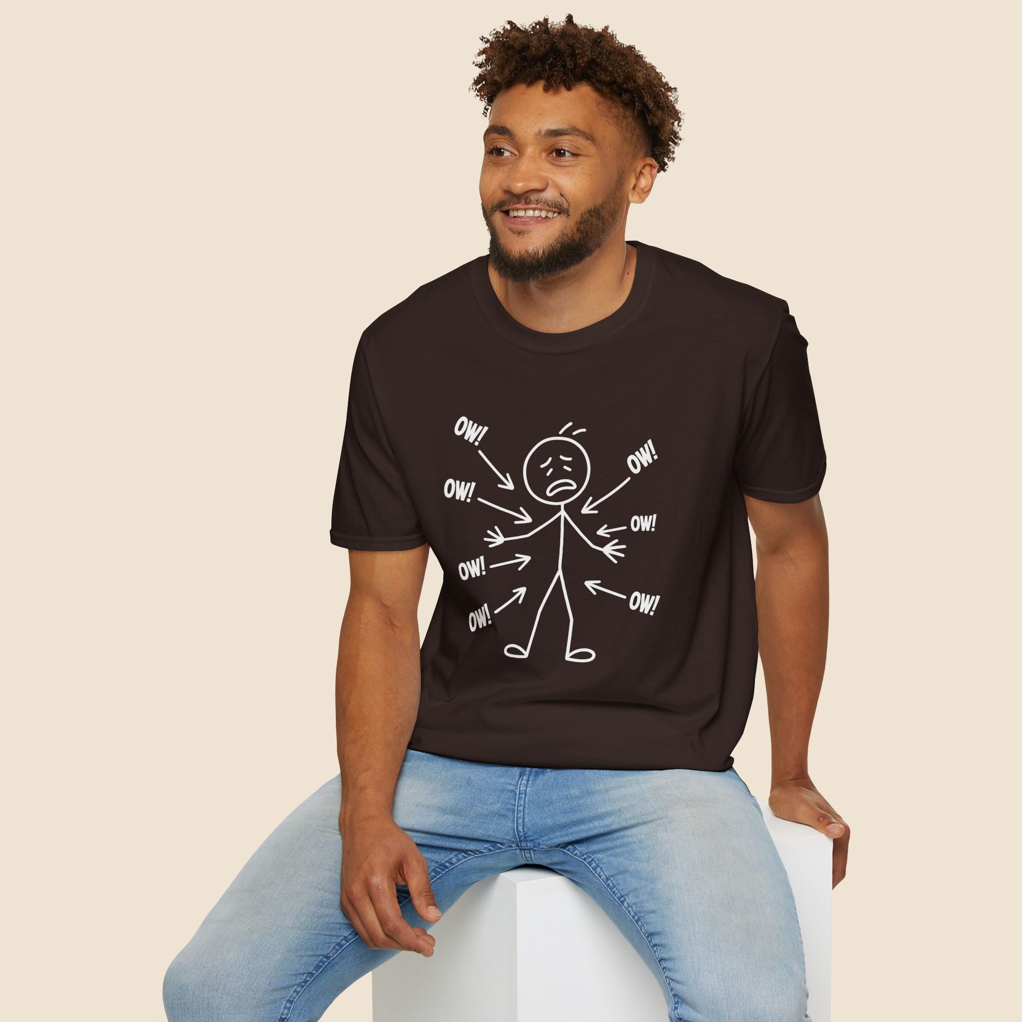 Ow! Everything Hurts Stick Figure Unisex T-Shirt Dark Chocolate Unisex Adult T-shirt Globally Fulfilled