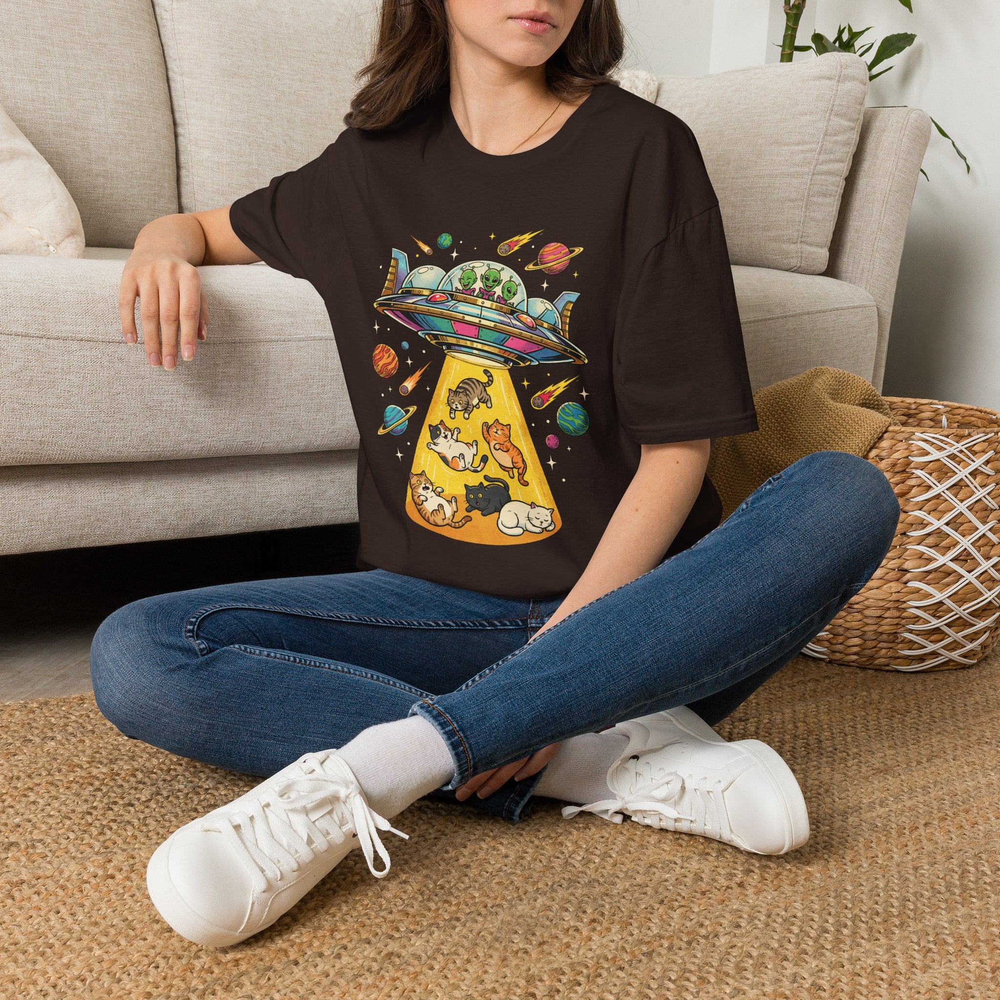 UFO Cat Abduction Unisex T-Shirt Dark Chocolate Unisex Adult T-shirt animal Globally Fulfilled Sci Fi