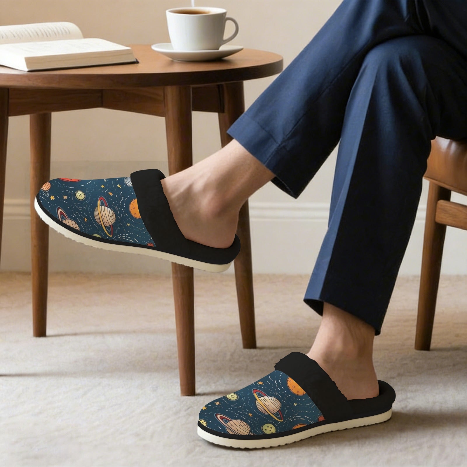 Galaxy Men's Fur Trim Thick-Sole Indoor Slippers Men's Fur Trimmed Slippers Printed Offshore Space