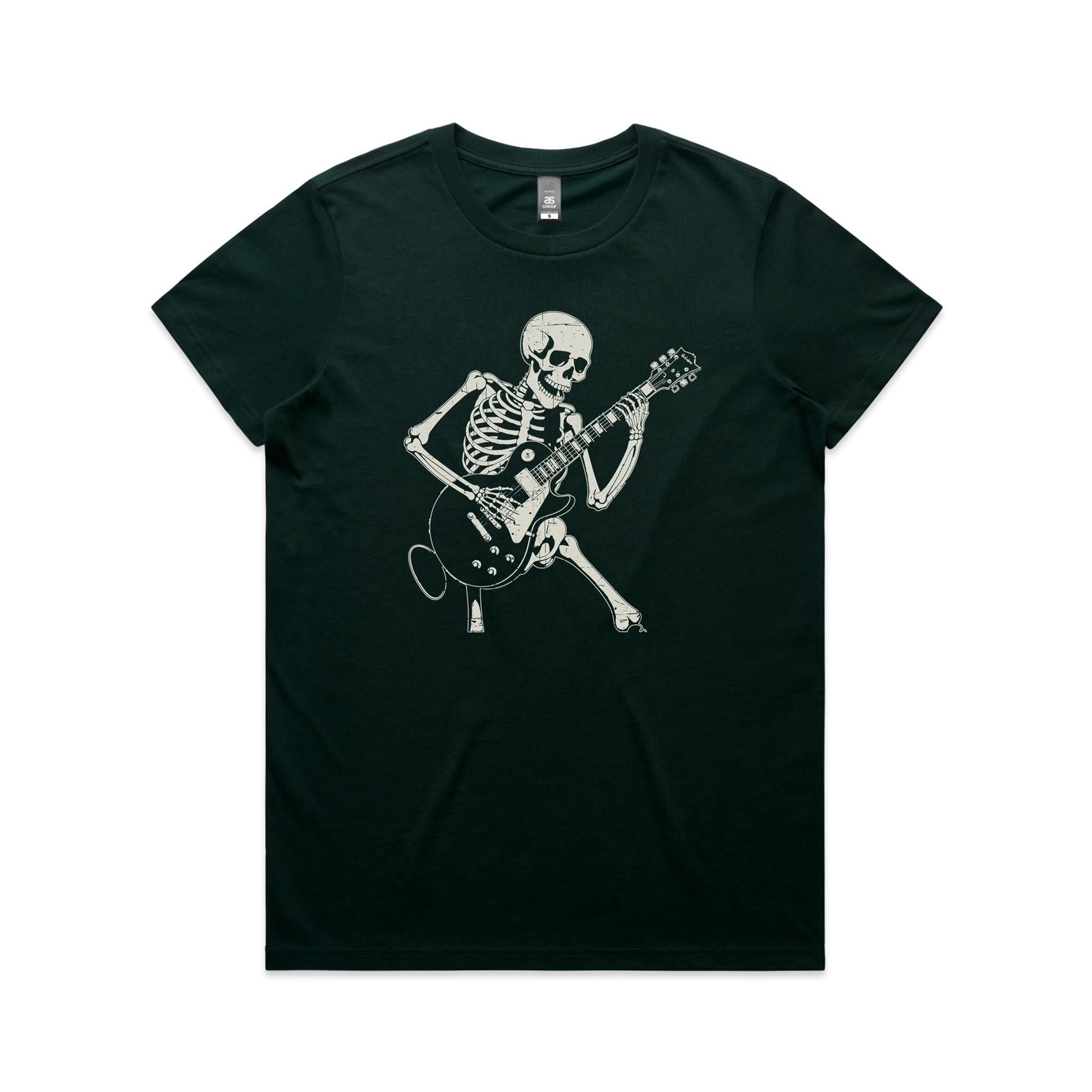 Skeleton Playing Guitar Women's AS Colour T-shirt Pine Green Womens T-shirt Music Printed In Australia