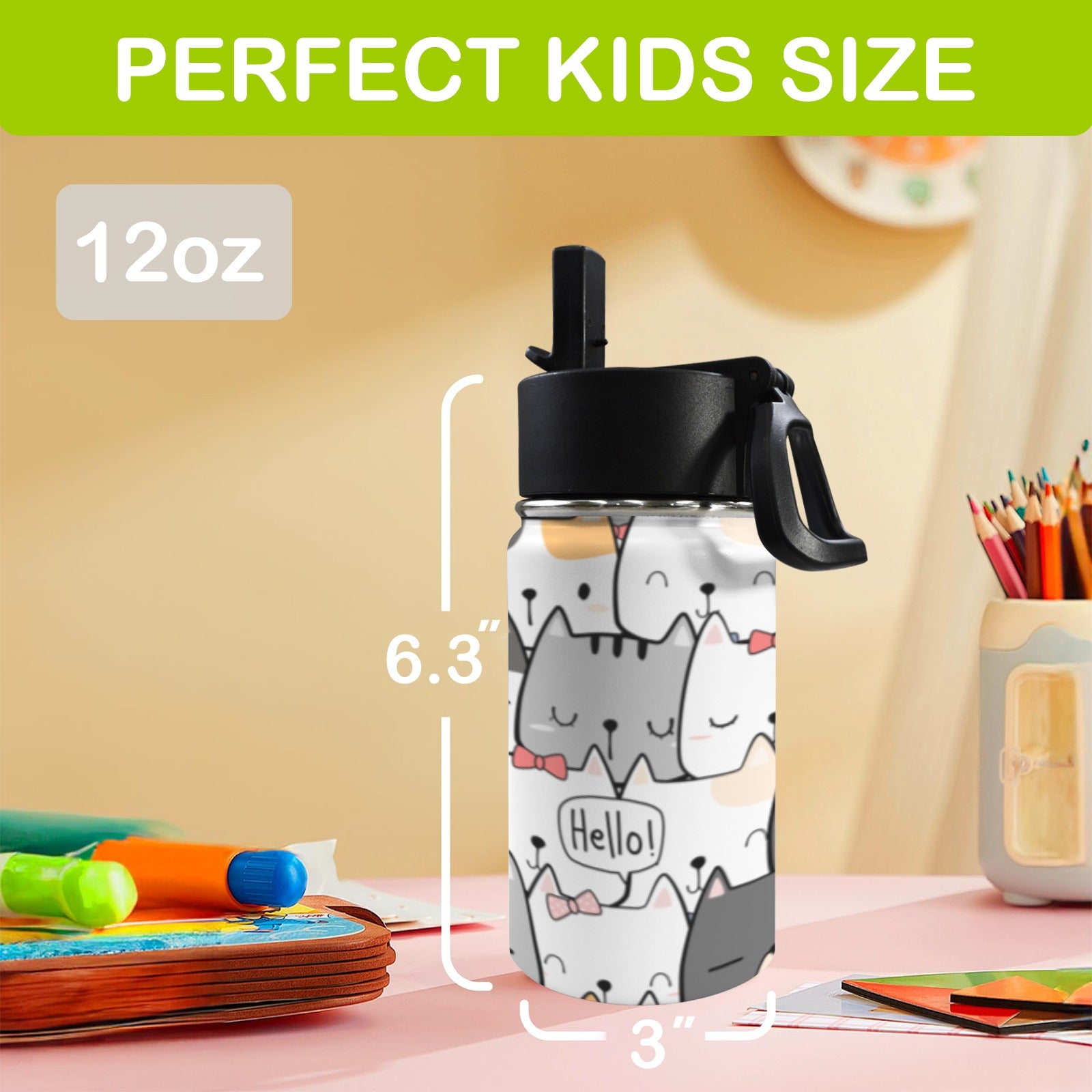 Cat Hello 12oz Kids Water Bottle with Straw Lid