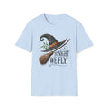 Tonight We Fly, Witches Hat, Broomstick, Halloween Unisex Softstyle T-Shirt Light Blue Unisex Adult T-shirt Australian Printer Halloween