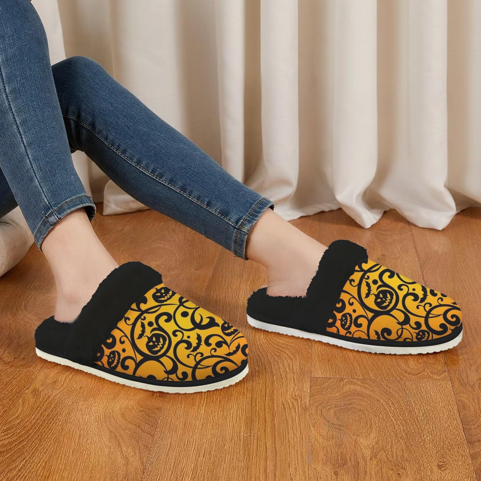Halloween Women's Fur Trim Thick-Sole Indoor Slippers Women's Fur Trimmed Slippers Halloween Printed Offshore