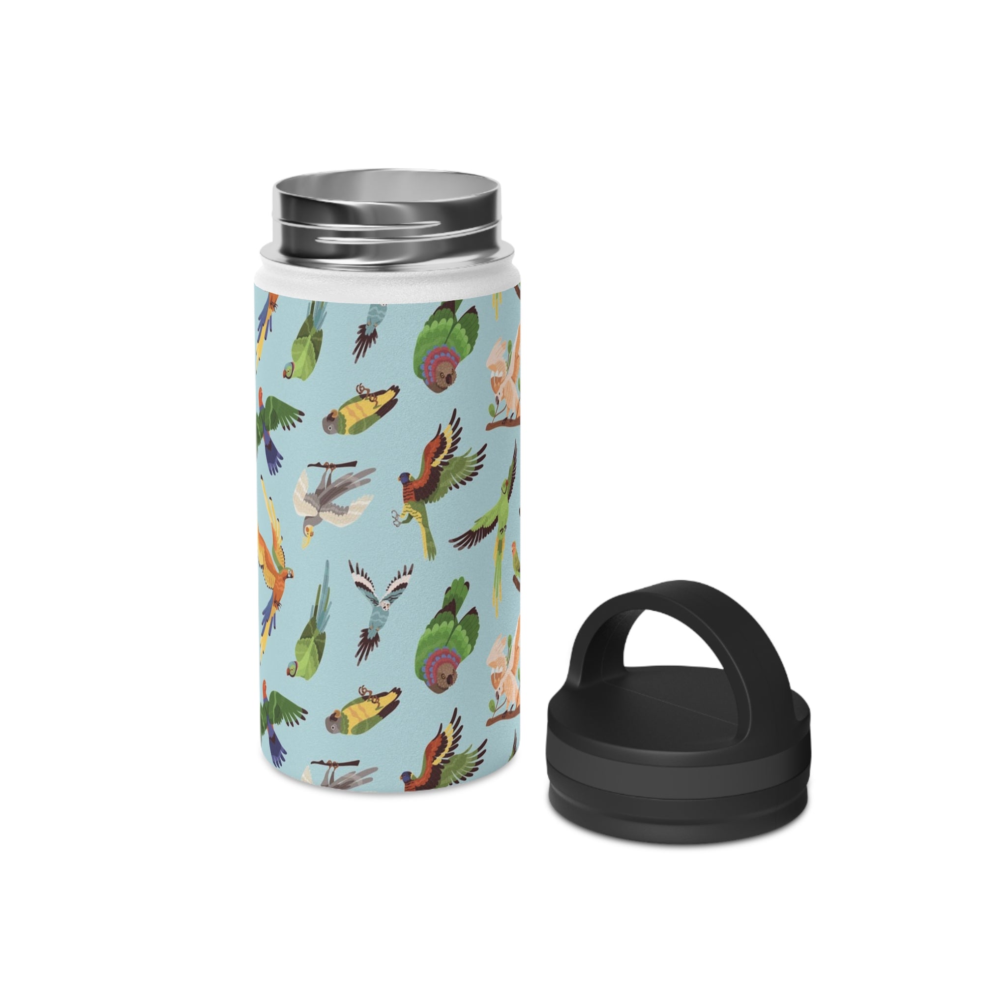 Parrots, Beautiful Colourful Birds - Stainless Steel Water Bottle, Handle Lid White 12oz Stainless Steel Water Bottle With Handle Lid Globally Fulfilled