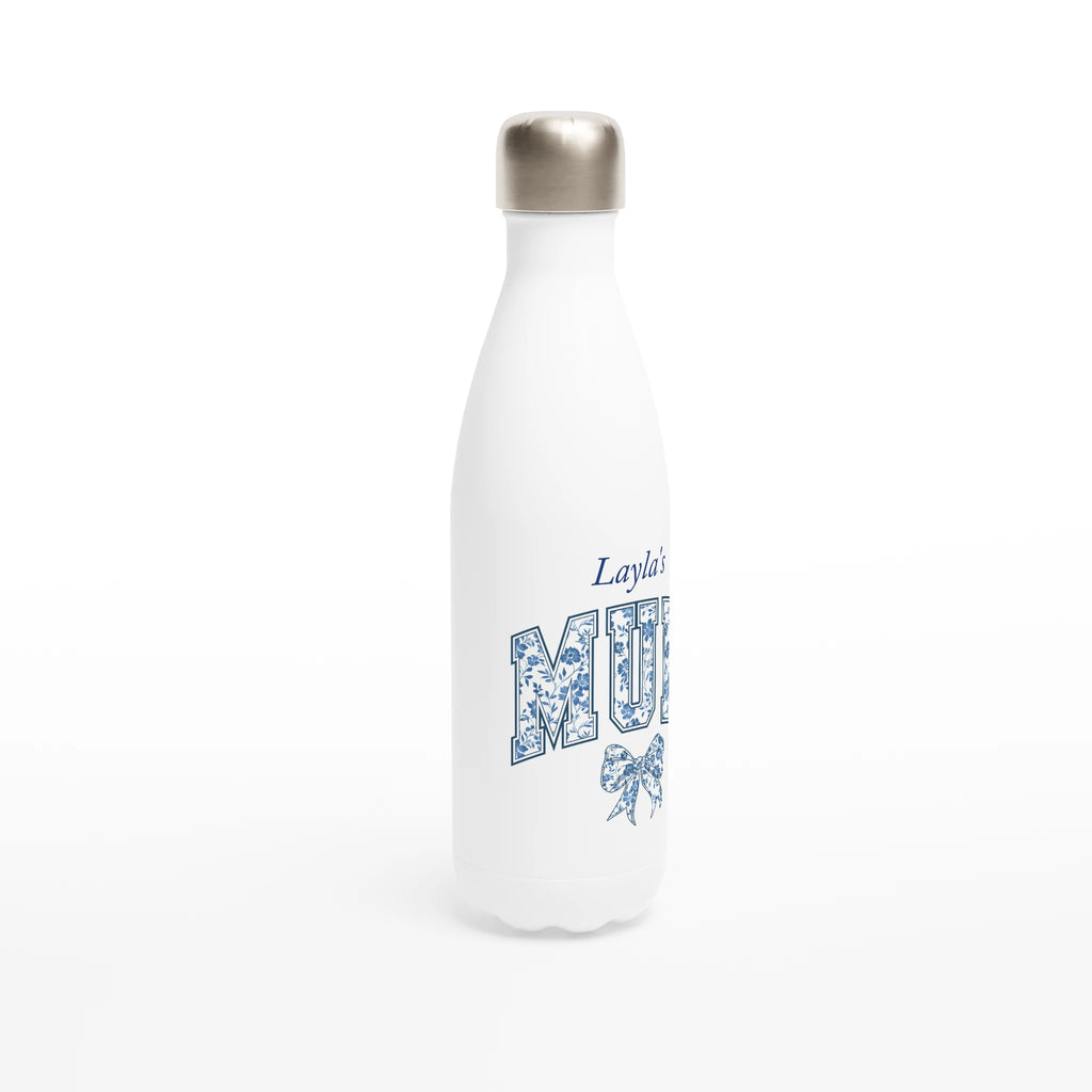 Mum, Blue Floral - White 17oz Stainless Steel Water Bottle Personalised Water Bottle customise Globally Fulfilled Initial Mum Music Name personalise