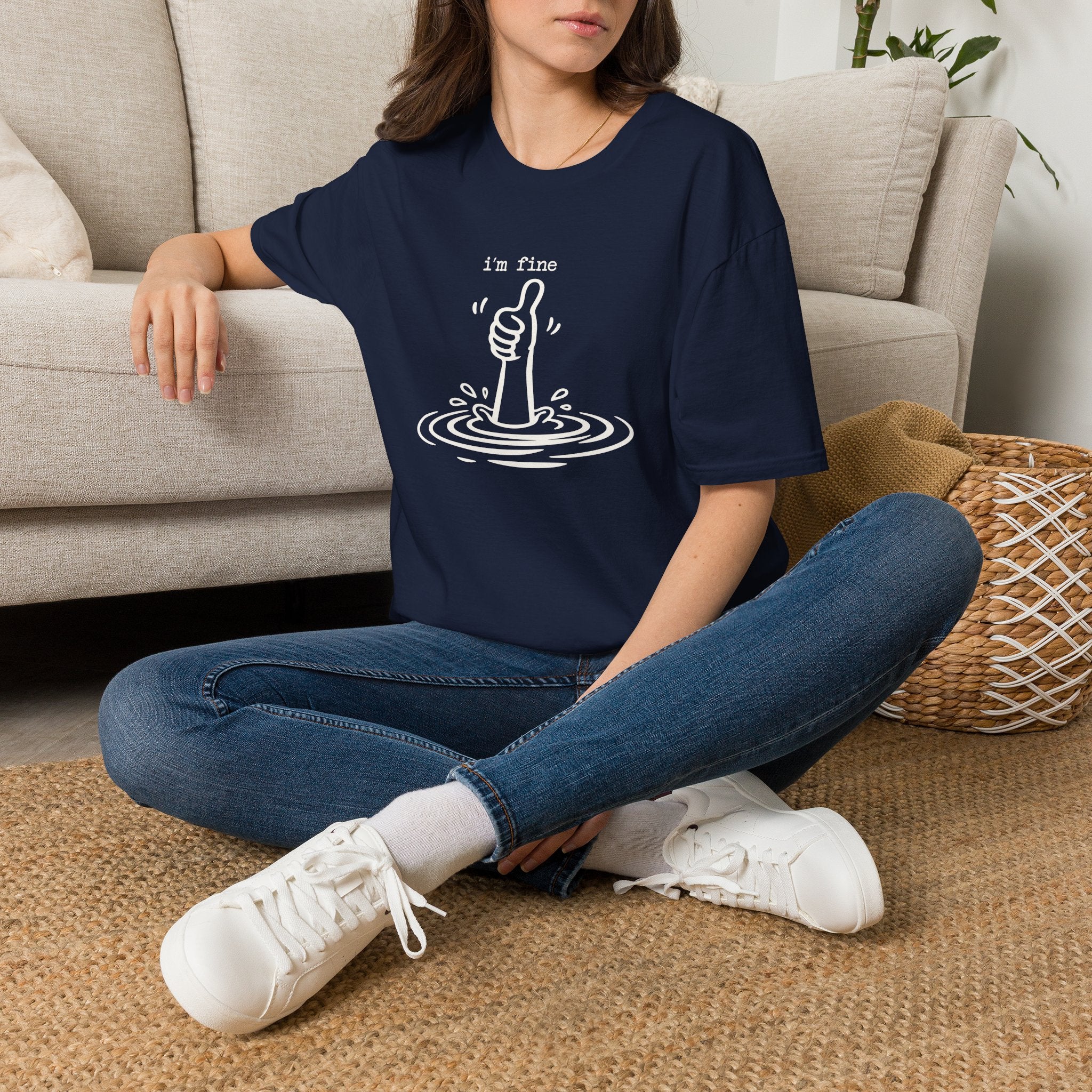 I'm Fine Drowning Thumbs Up Unisex T-shirt Navy Unisex Adult T-shirt Globally Fulfilled Positivity
