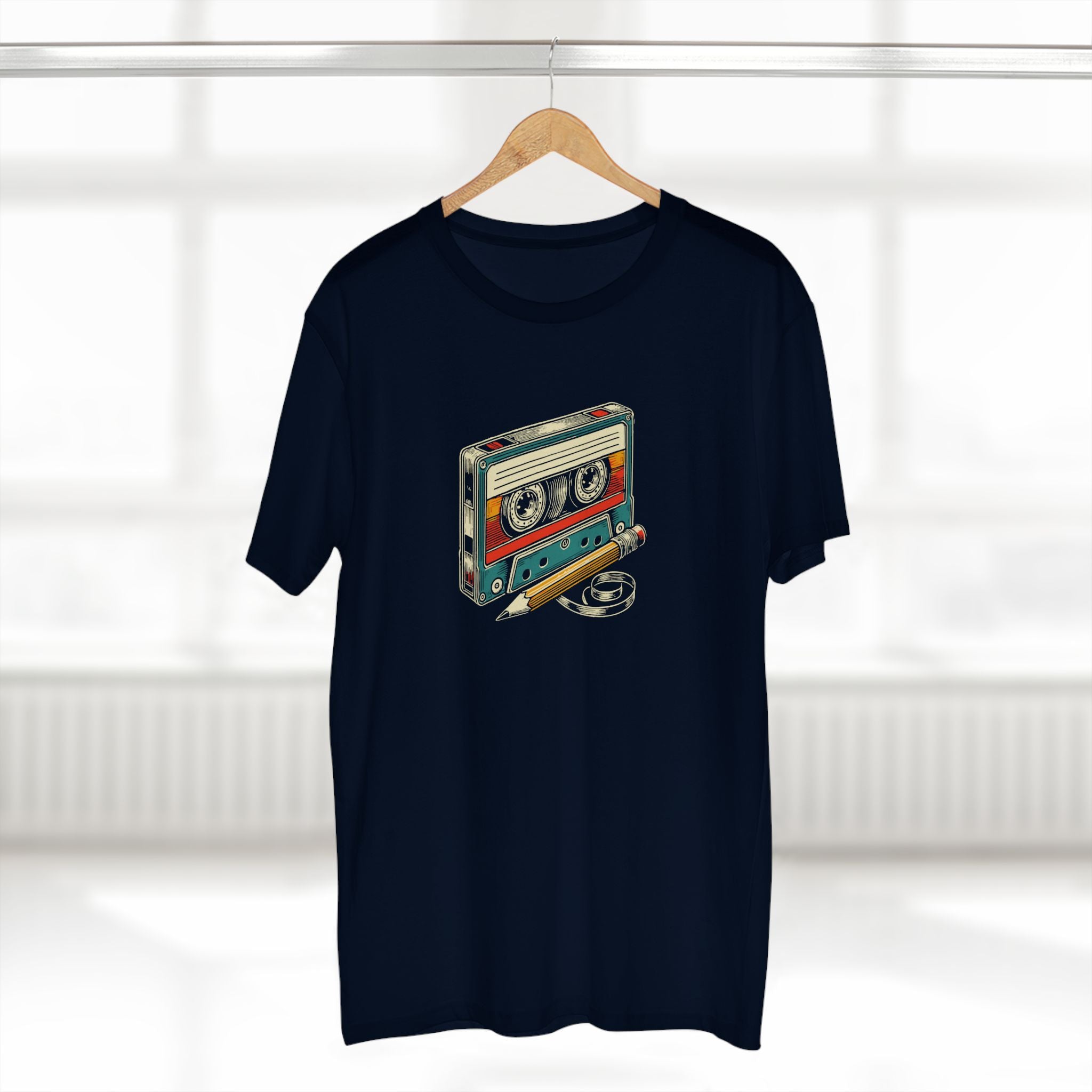 Cassette Tape And Pencil - Mens Adult Staple Tee