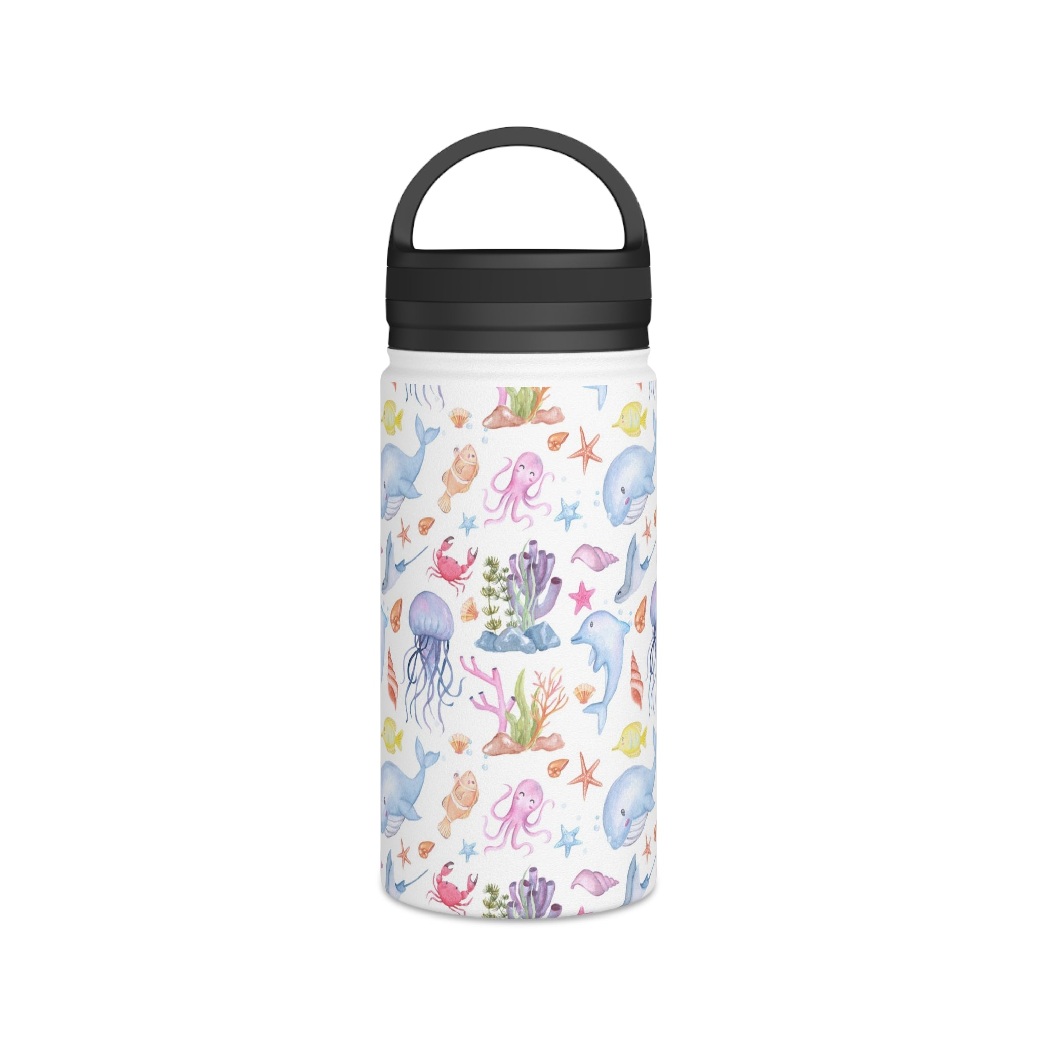 Under The Sea, Ocean Animals - Stainless Steel Water Bottle, Handle Lid White 12oz Stainless Steel Water Bottle With Handle Lid Globally Fulfilled Ocean
