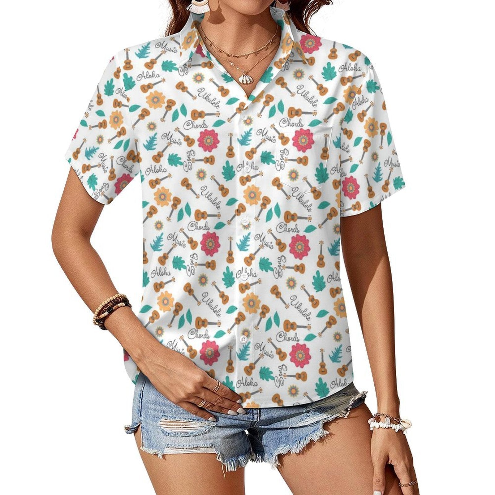 Ukulele Women's Short-Sleeve Button Up Shirt white Women's Short-Sleeve Button Up Shirt Music Printed Offshore
