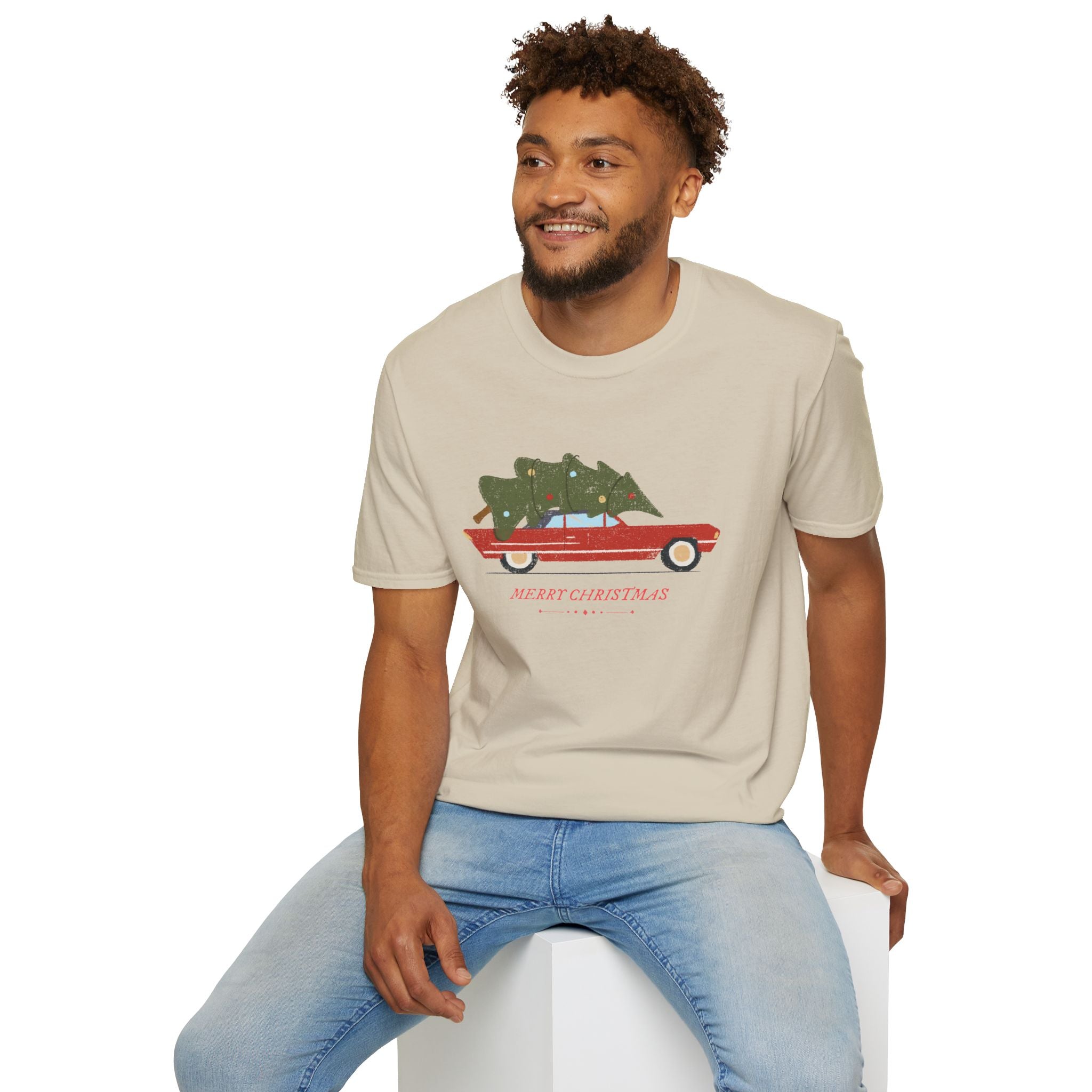 Retro Christmas Tree On Car - Unisex Softstyle T-Shirt