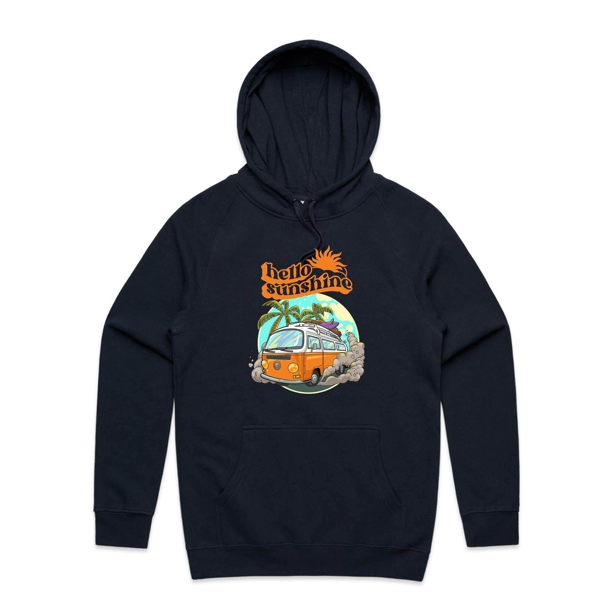 Hello Sunshine, Beach Van - Mens Hoodie Navy Mens Hoodie Printed In Australia Summer