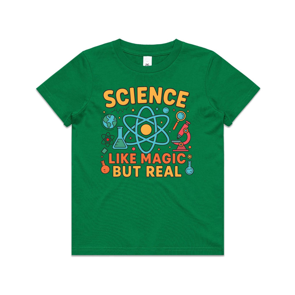 Science, Like Magic But Real Kid's AS Colour T-shirt Kelly Green Kids Youth T-shirt Printed In Australia Science