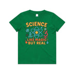 Science, Like Magic But Real Kid's AS Colour T-shirt Kelly Green Kids Youth T-shirt Printed In Australia Science
