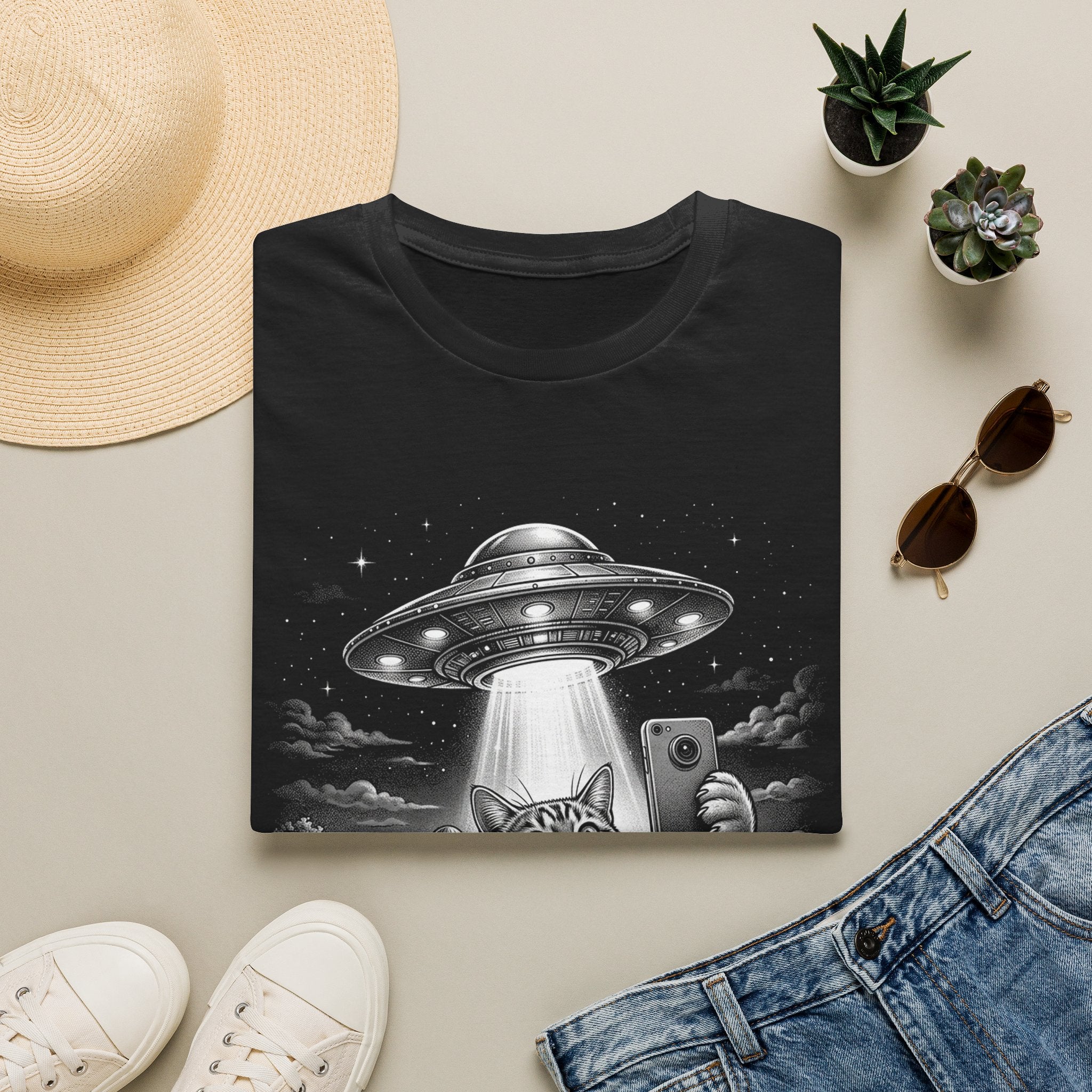 Cat Selfie Under UFO Unisex T-Shirt Unisex Adult T-shirt animal Globally Fulfilled Sci Fi