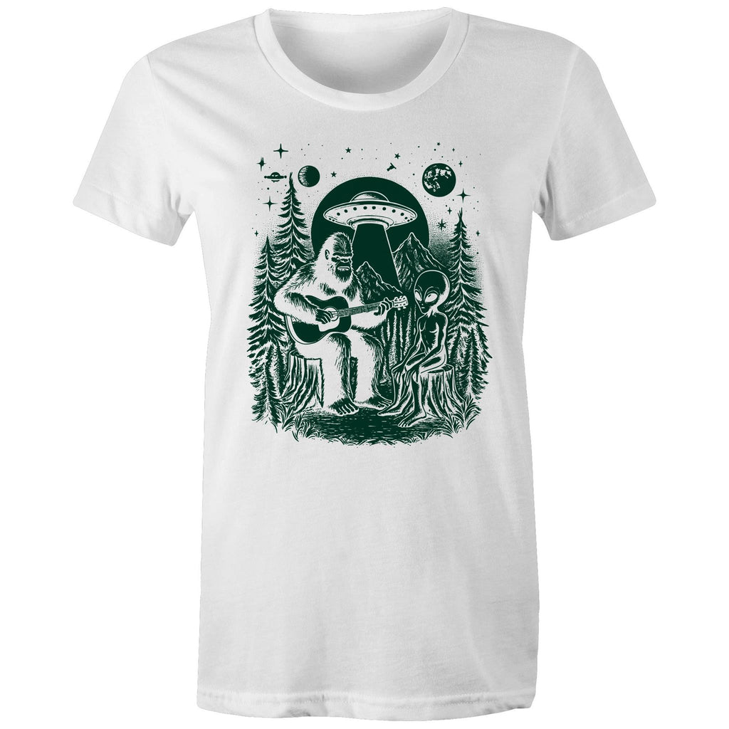 Alien And Bigfoot Play Guitar - Womens T-shirt White Womens T-shirt Music Printed In Australia Sci Fi
