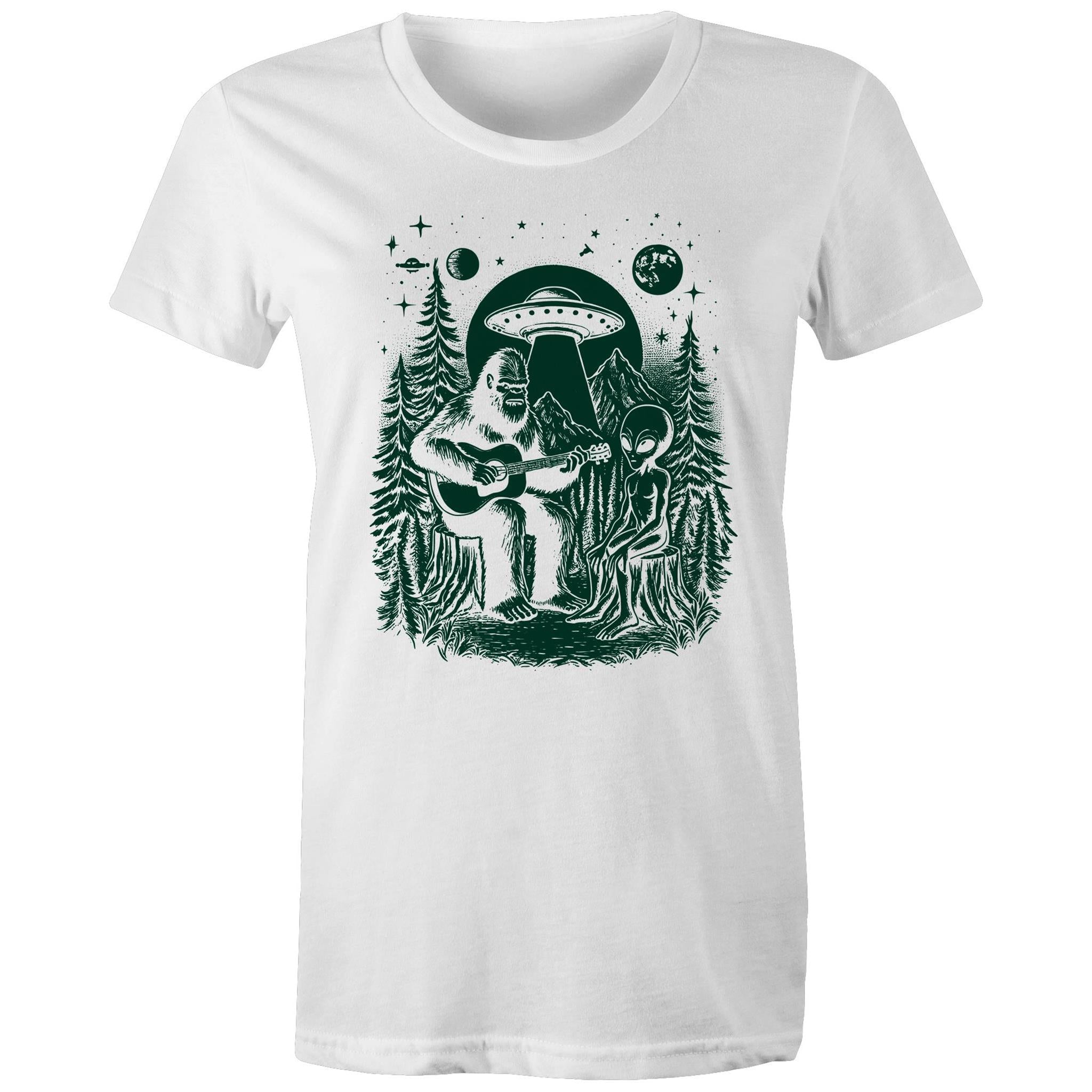 Alien And Bigfoot Play Guitar - Womens T-shirt White Womens T-shirt Music Printed In Australia Sci Fi