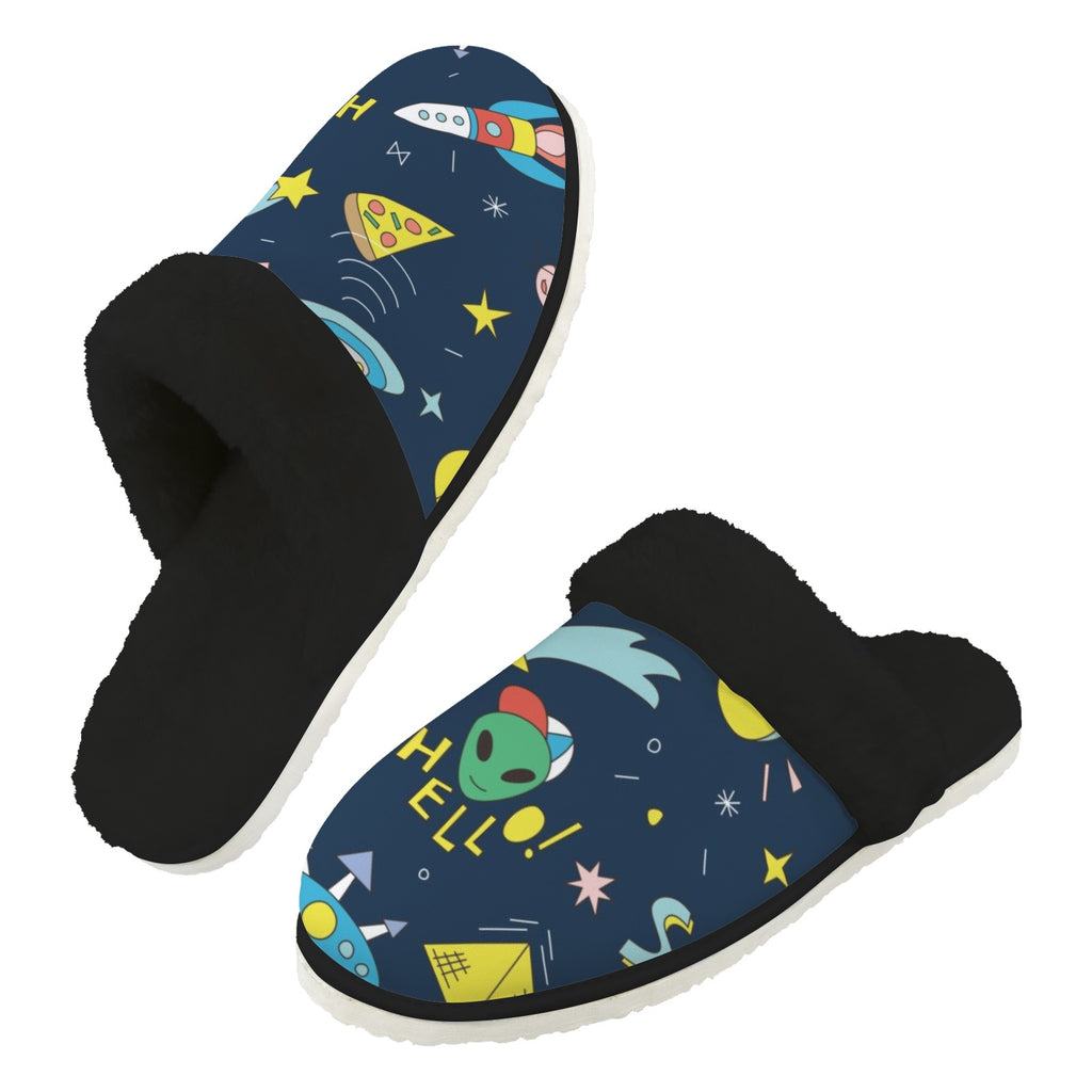 Hello Alien Men's Fur Trim Thick-Sole Indoor Slippers 2XL Men's Fur Trimmed Slippers Printed Offshore Sci Fi