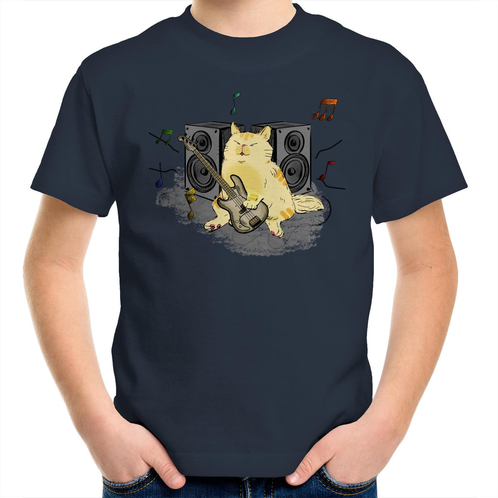 Cat Bass Player - Kids Youth T-Shirt Navy Kids Youth T-shirt animal Music Printed In Australia