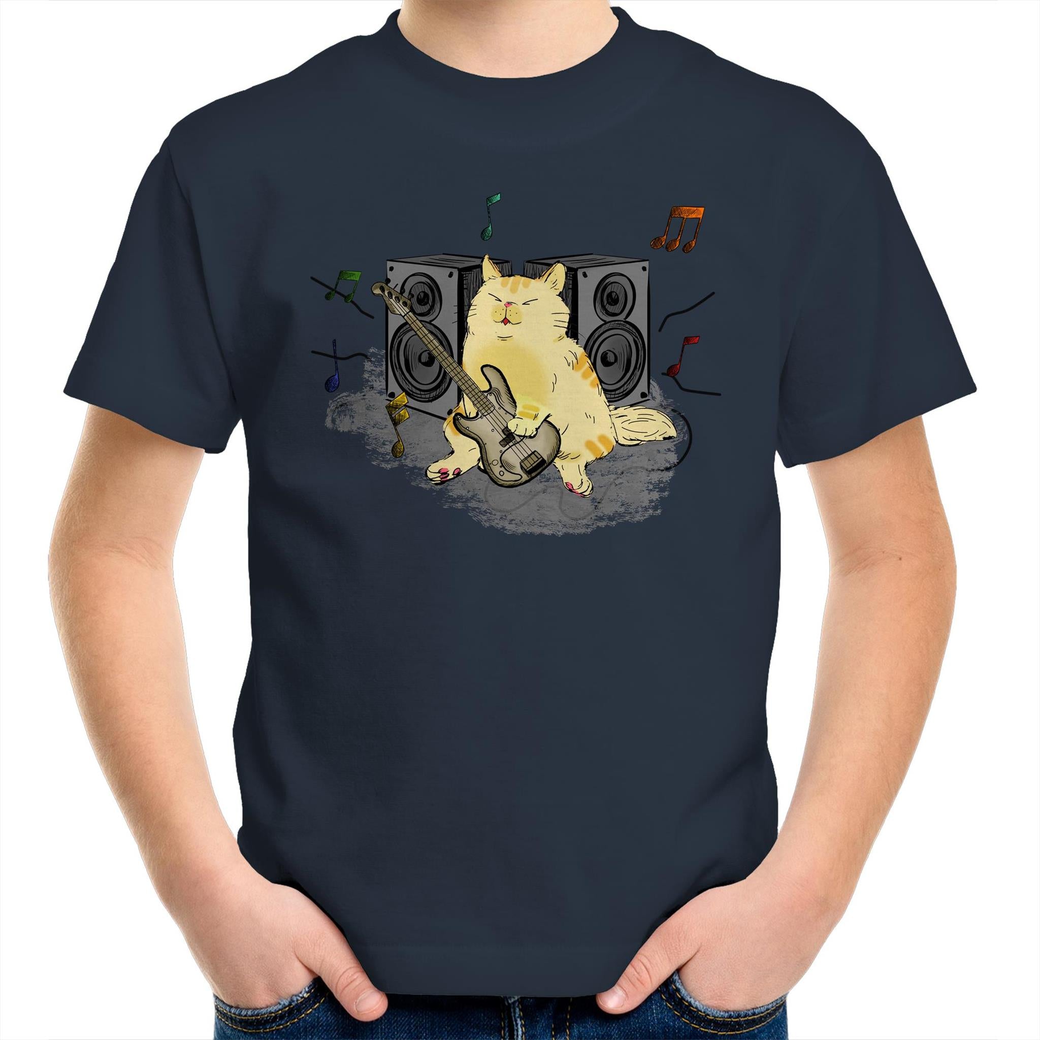 Cat Bass Player - Kids Youth T-Shirt Navy Kids Youth T-shirt animal Music Printed In Australia