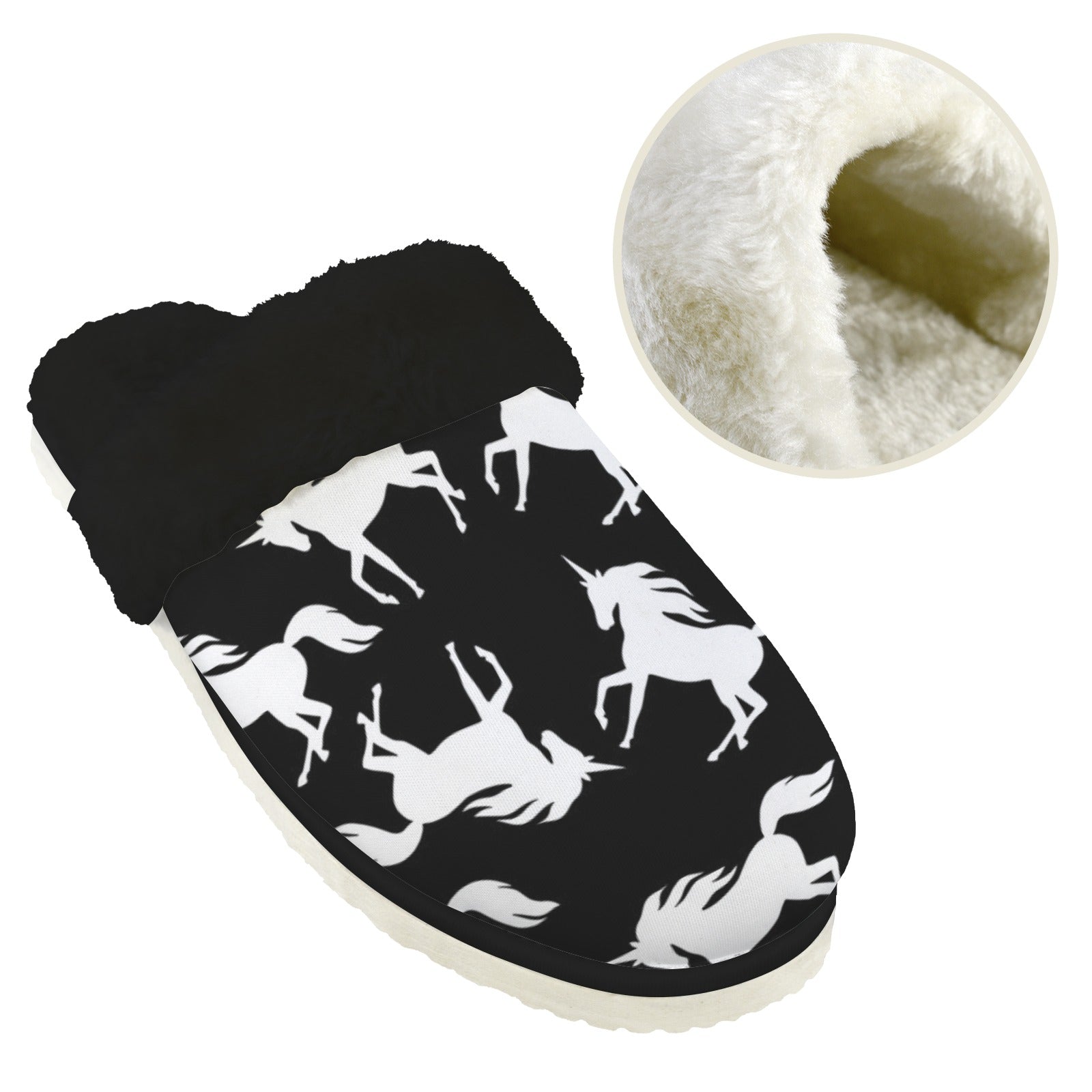 Black And White Unicorn Men's Fur Trim Thick-Sole Indoor Slippers Men's Fur Trimmed Slippers animal Printed Offshore