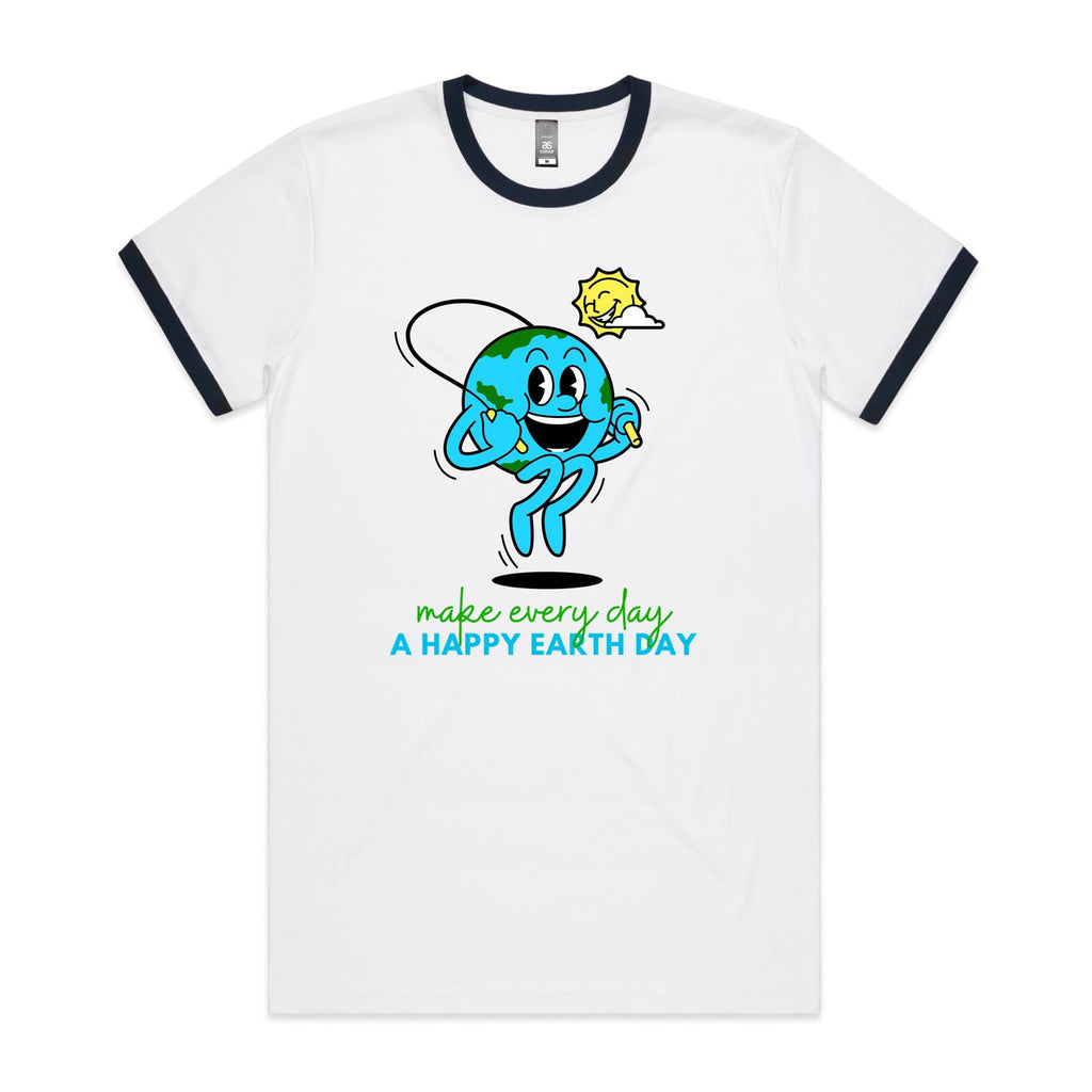 Make Every Day A Happy Earth Day - Staple Ringer Tee White Navy Ringer T-Shirt Environment Printed In Australia