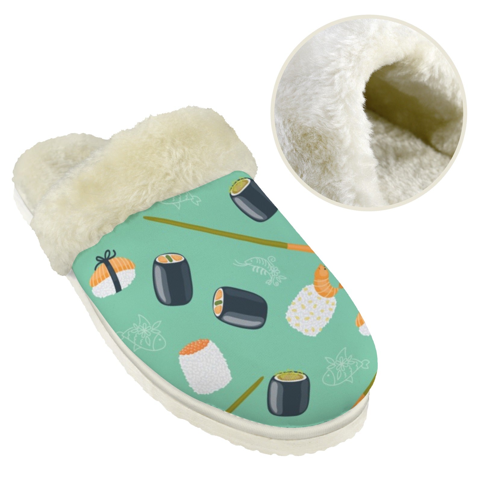 Sushi Men's Fur Trim Thick-Sole Indoor Slippers Men's Fur Trimmed Slippers Food Printed Offshore