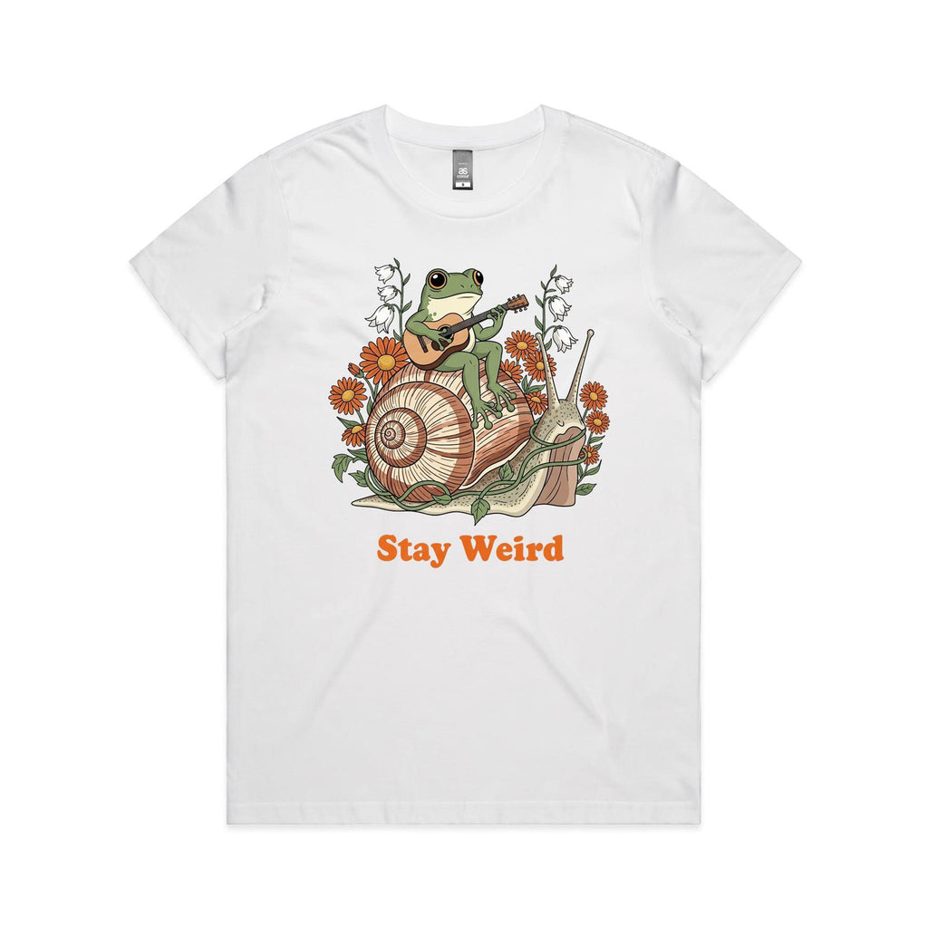Stay Weird, Guitar Playing Frog On A Snail Women's AS Colour T-shirt White Womens T-shirt animal Music Printed In Australia