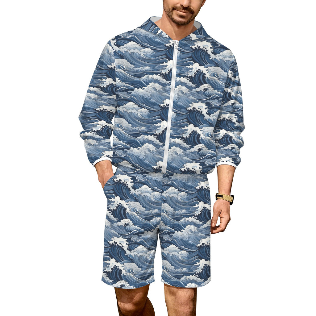 Japanese Waves Men's Lightweight Sun Hoodie & Shorts Set 4XL Men's Lightweight Sun Hoodie & Shorts Ocean Printed Offshore