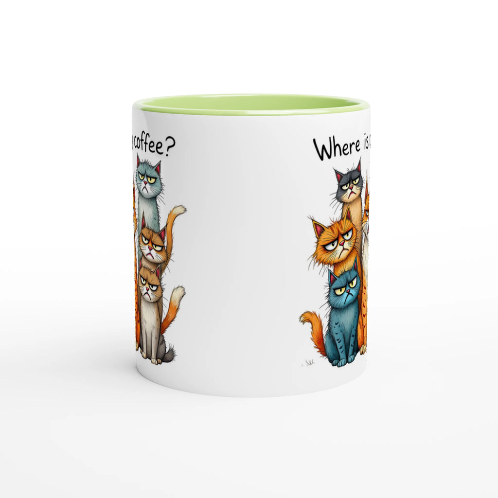 Where Is My Coffee, Cranky Cats - White 11oz Ceramic Mug with Colour Inside Colour 11oz Mug animal Coffee Globally Fulfilled