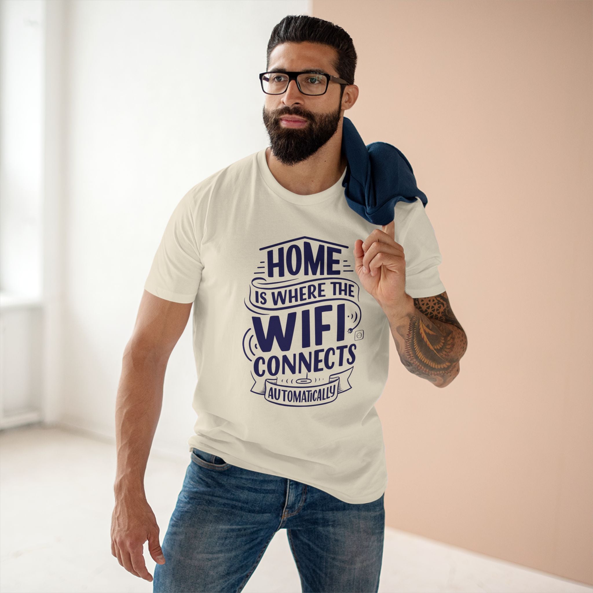 Home Is Where The WIFI Connects Automatically - Men's Staple Tee Natural Mens Premium T-Shirt Printed in AU and US Tech