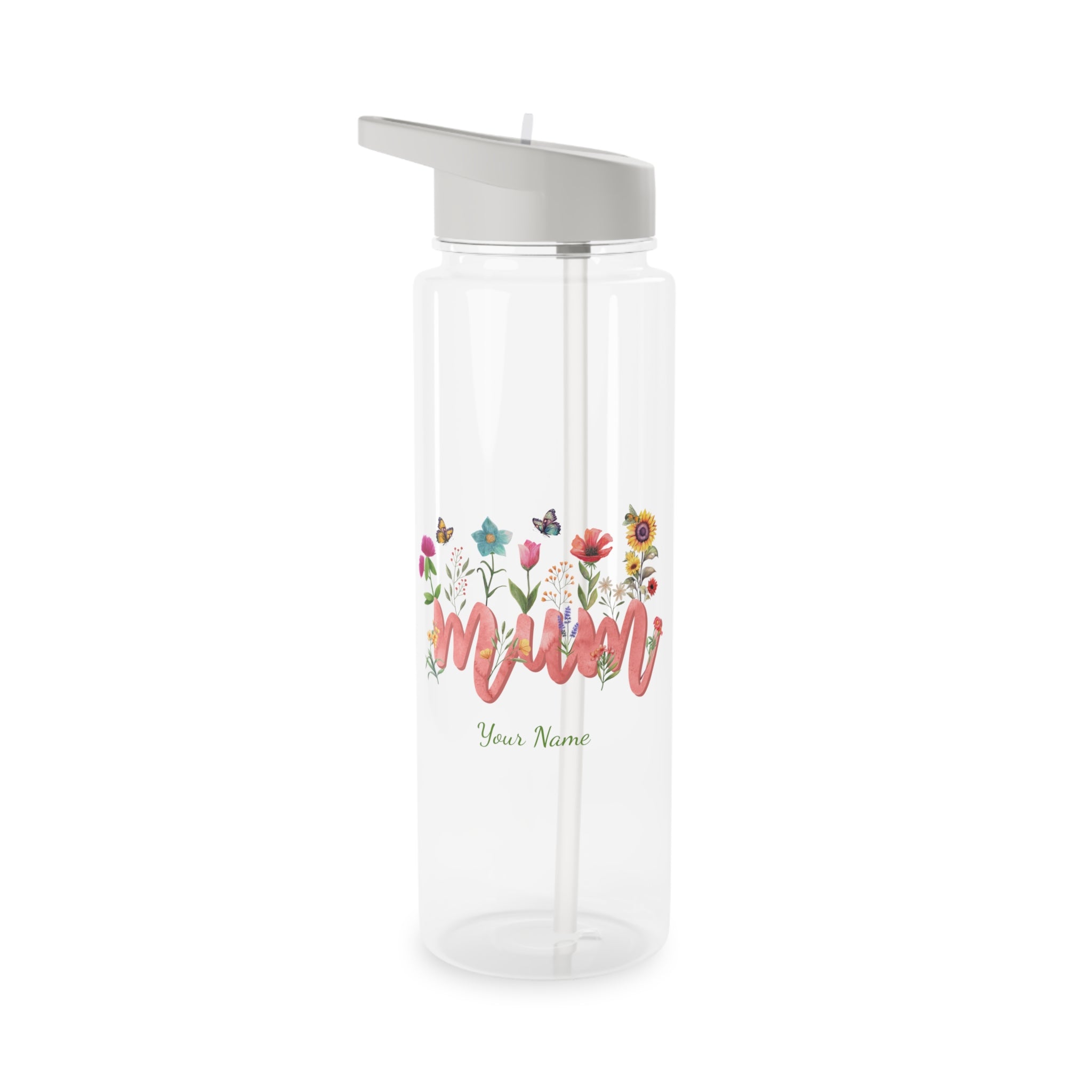 Personalised - Mum, With Flowers And Butterfly - Tritan Water Bottle