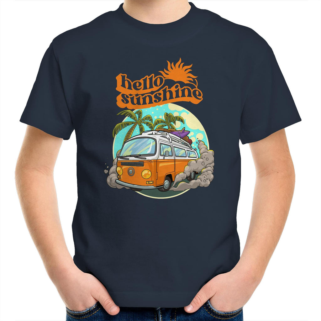 Hello Sunshine, Beach Van - Kids Youth T-Shirt Navy Kids Youth T-shirt Printed In Australia Retro Summer Surf