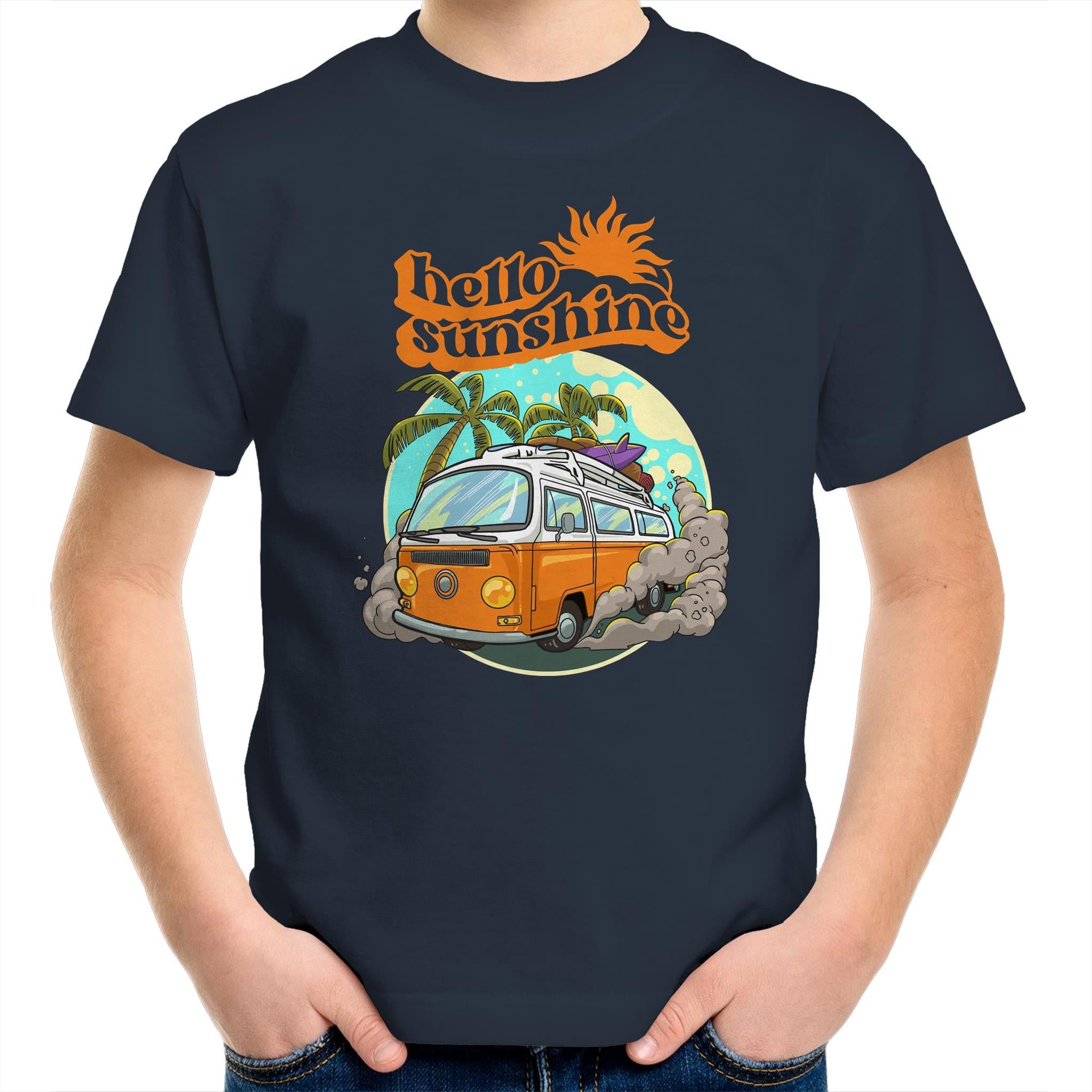 Hello Sunshine, Beach Van - Kids Youth T-Shirt Navy Kids Youth T-shirt Printed In Australia Retro Summer Surf