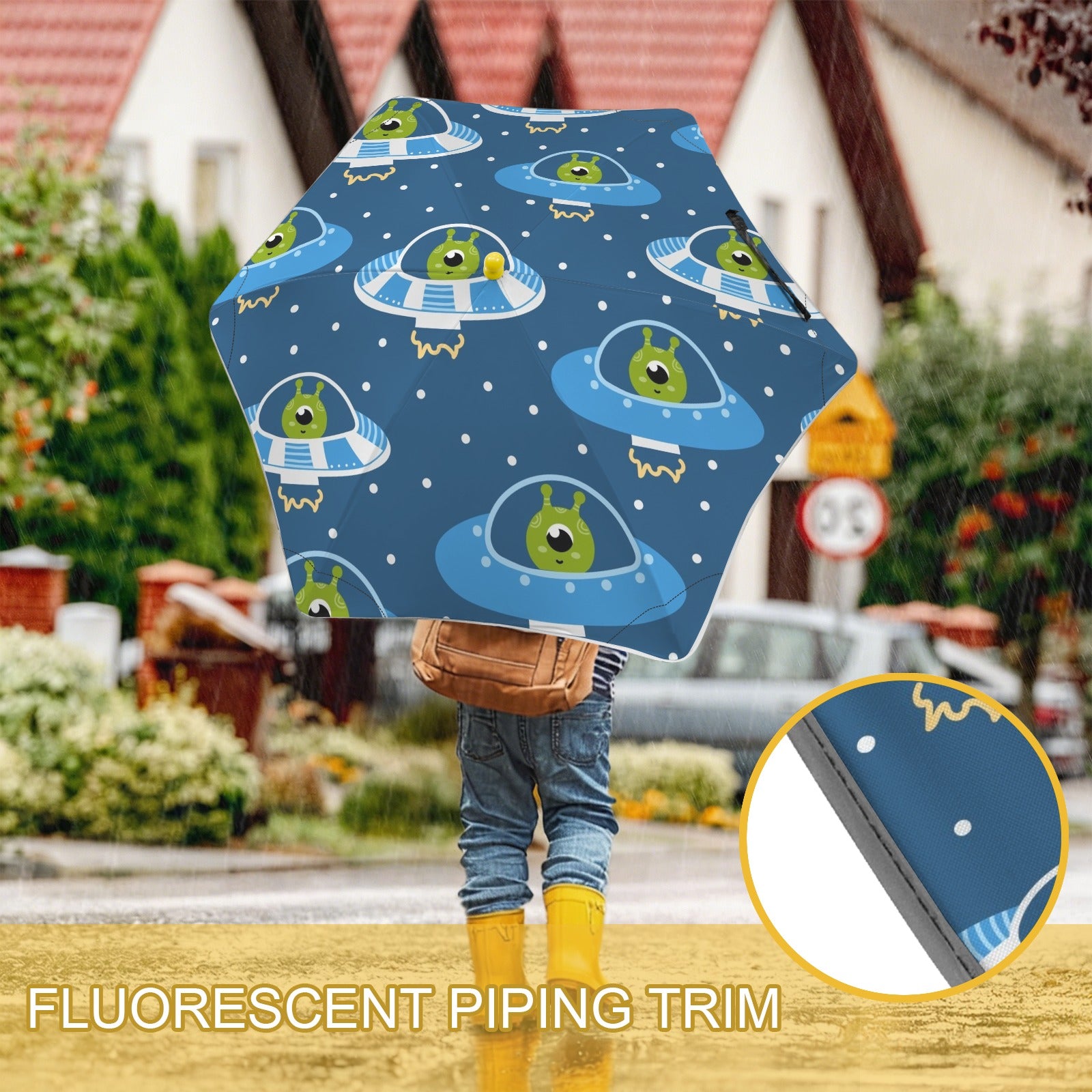 Cute Aliens in UFOs Kids Safe Round Corner Umbrella Kids Safe Round Corner Umbrella Printed Offshore Sci-Fi