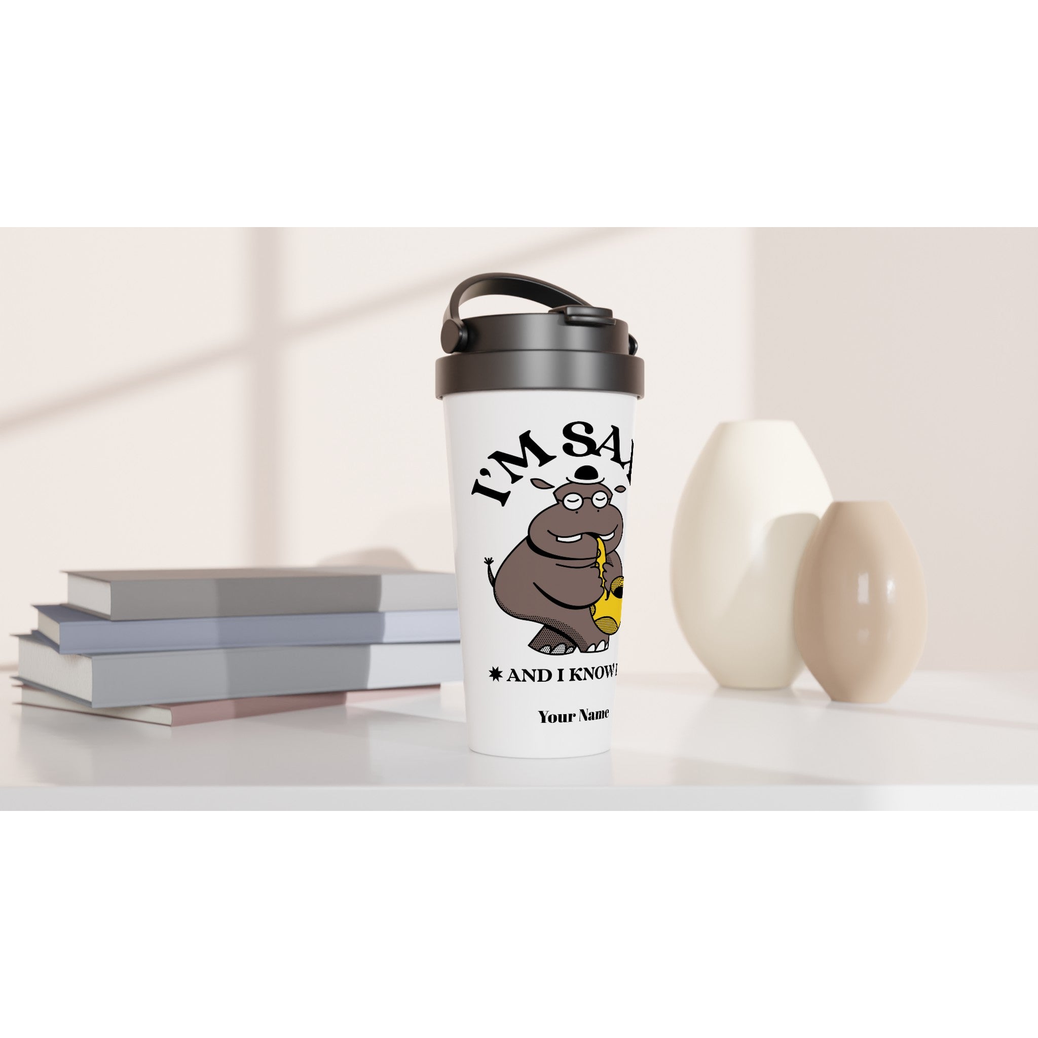Personalised - I'm Saxy And I Know It - White 15oz Stainless Steel Travel Mug Personalised Travel Mug customise Globally Fulfilled music personalise