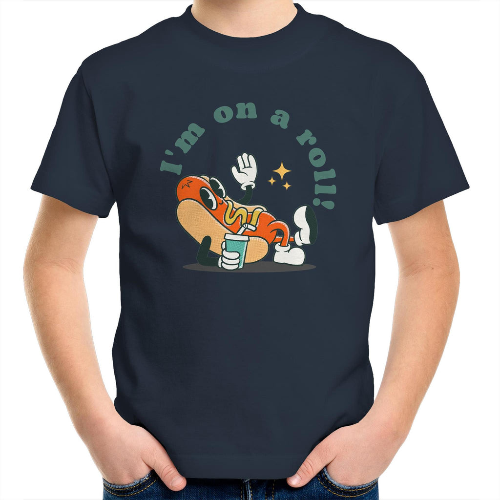 Hotdog, I'm On A Roll - Kids Youth T-Shirt Navy Kids Youth T-shirt Food Printed In Australia