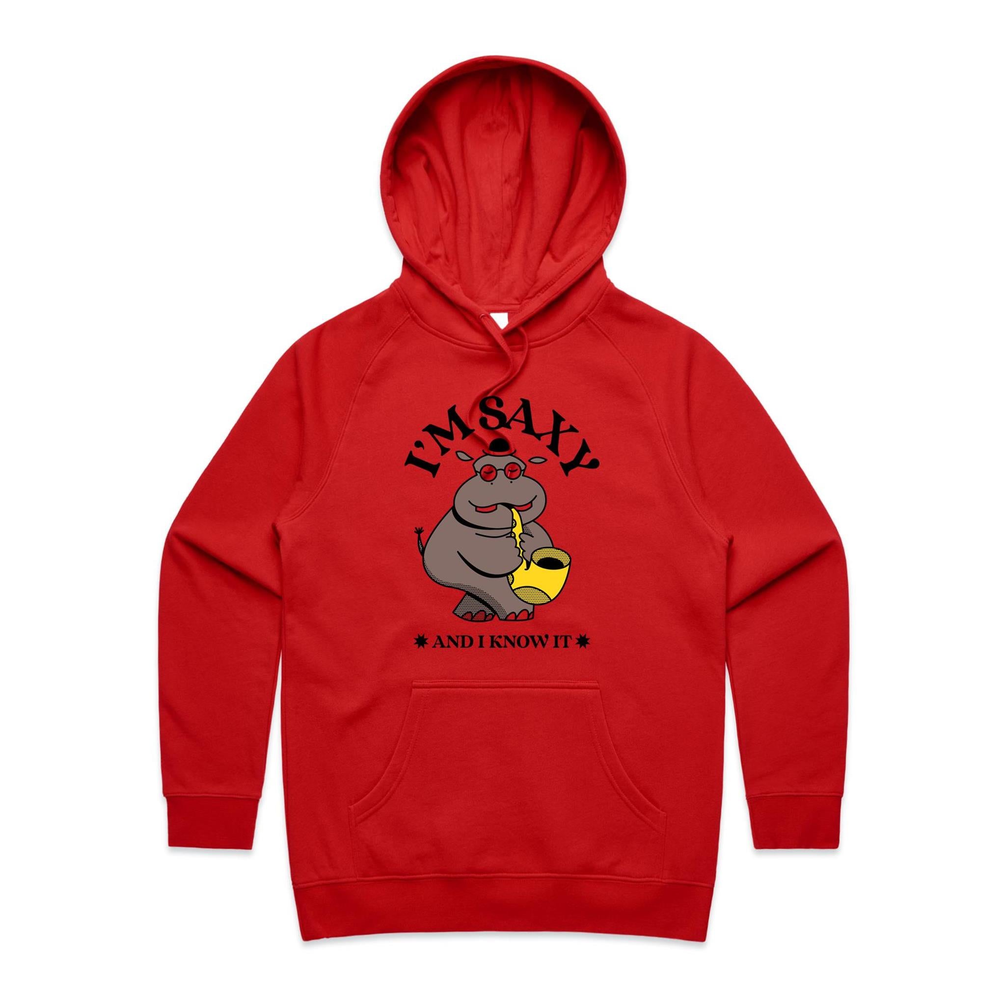 I'm Saxy And I Know It, Hippo Saxophone Player - Womens Hoodie Red Womens 2XL Womens Hoodie animal Music Printed In Australia