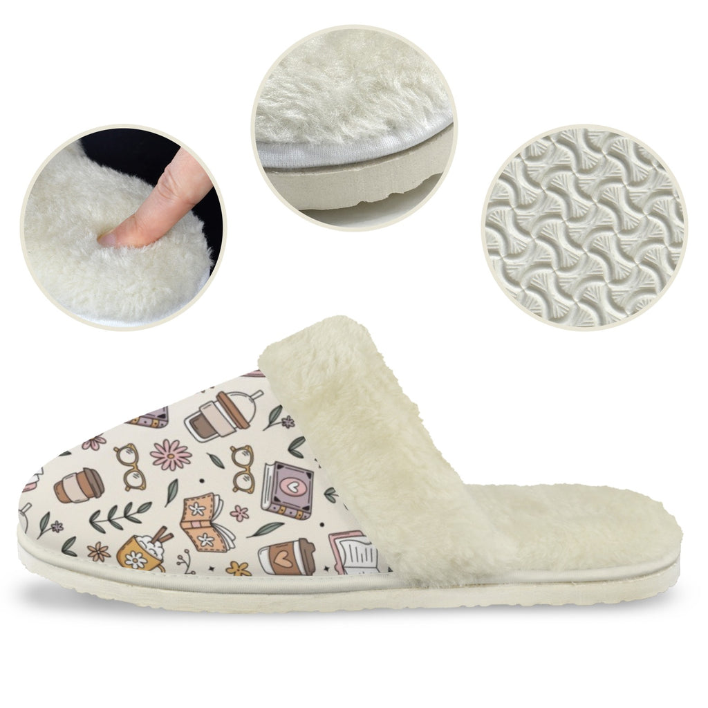 Books And Coffee Women's Fur Trim Thick-Sole Indoor Slippers Women's Fur Trimmed Slippers animal Printed Offshore Reading