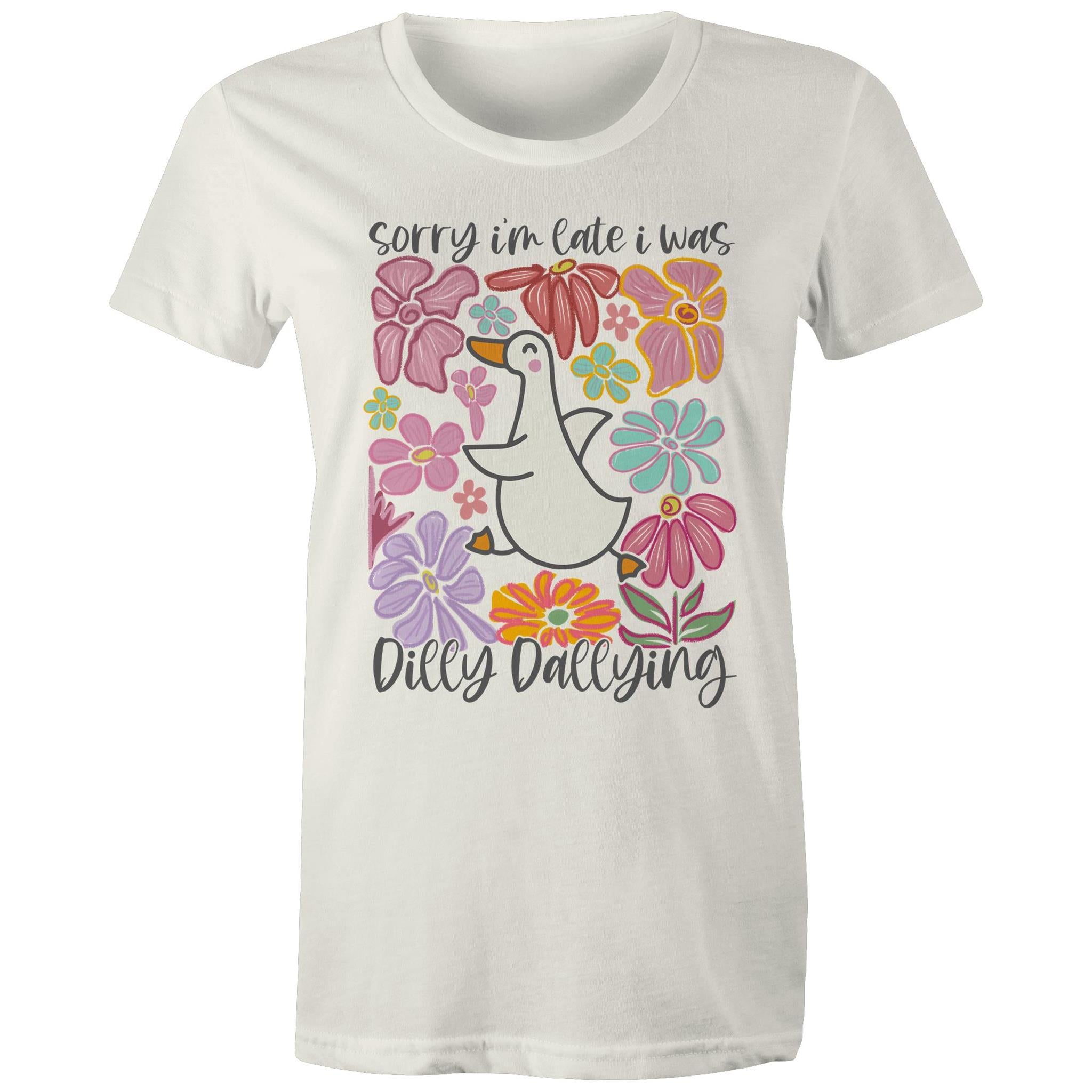 Sorry I'm Late, I Was Dilly Dallying - Womens T-shirt Natural Womens T-shirt animal Printed In Australia
