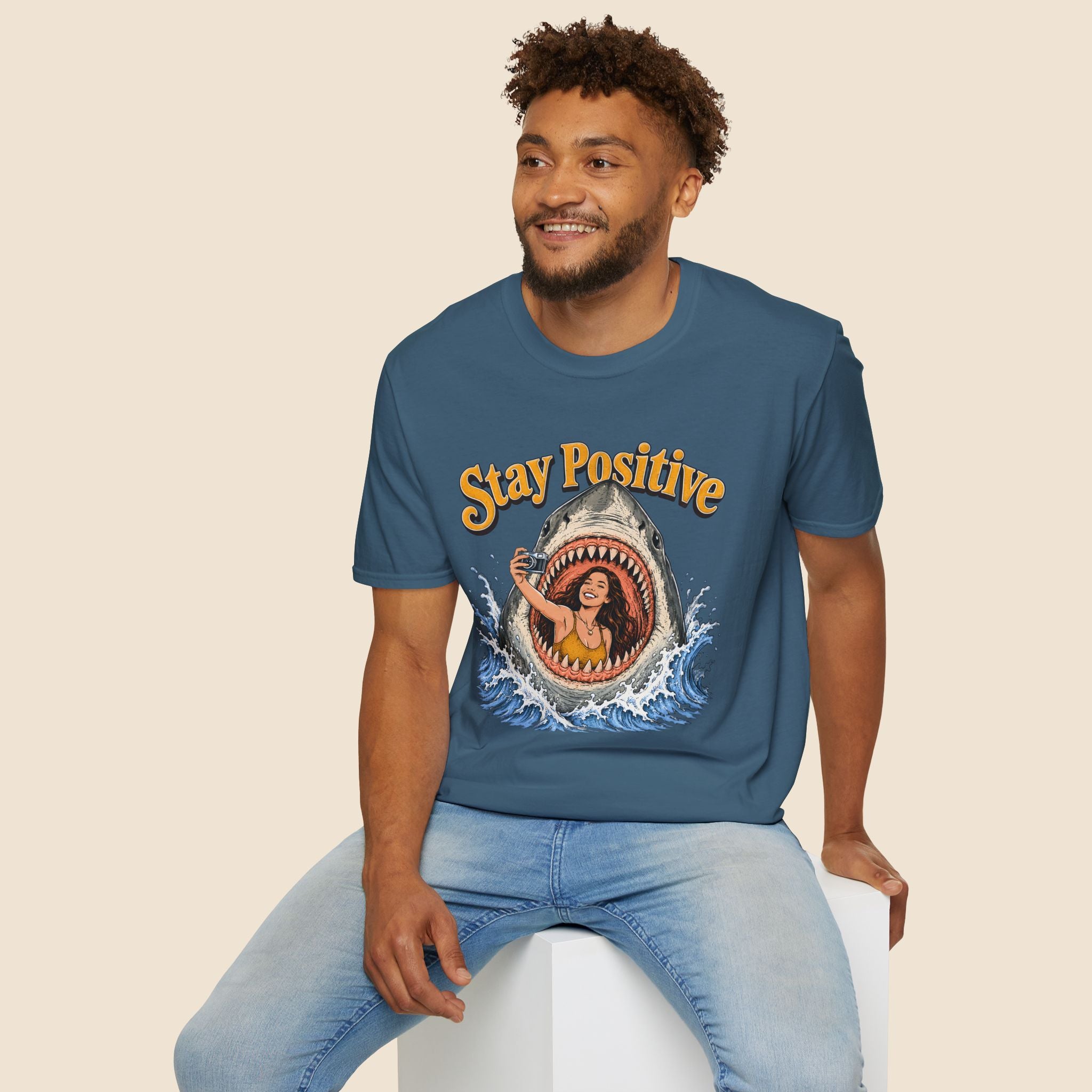 Stay Positive Shark Selfie Unisex T-Shirt Indigo Blue Unisex Adult T-shirt Globally Fulfilled Ocean Retro