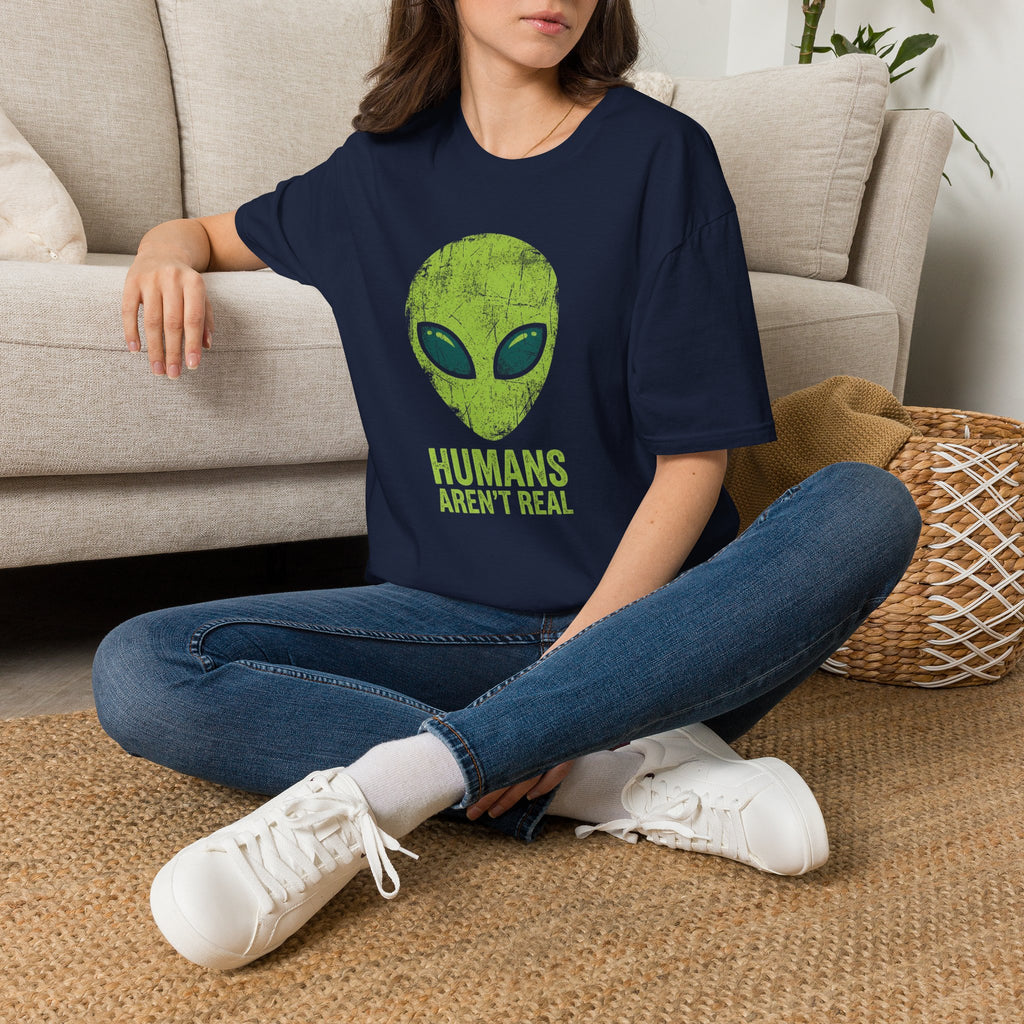 Green Alien Head Humans Aren't Real Unisex T-Shirt Unisex Adult T-shirt Globally Fulfilled Sci Fi