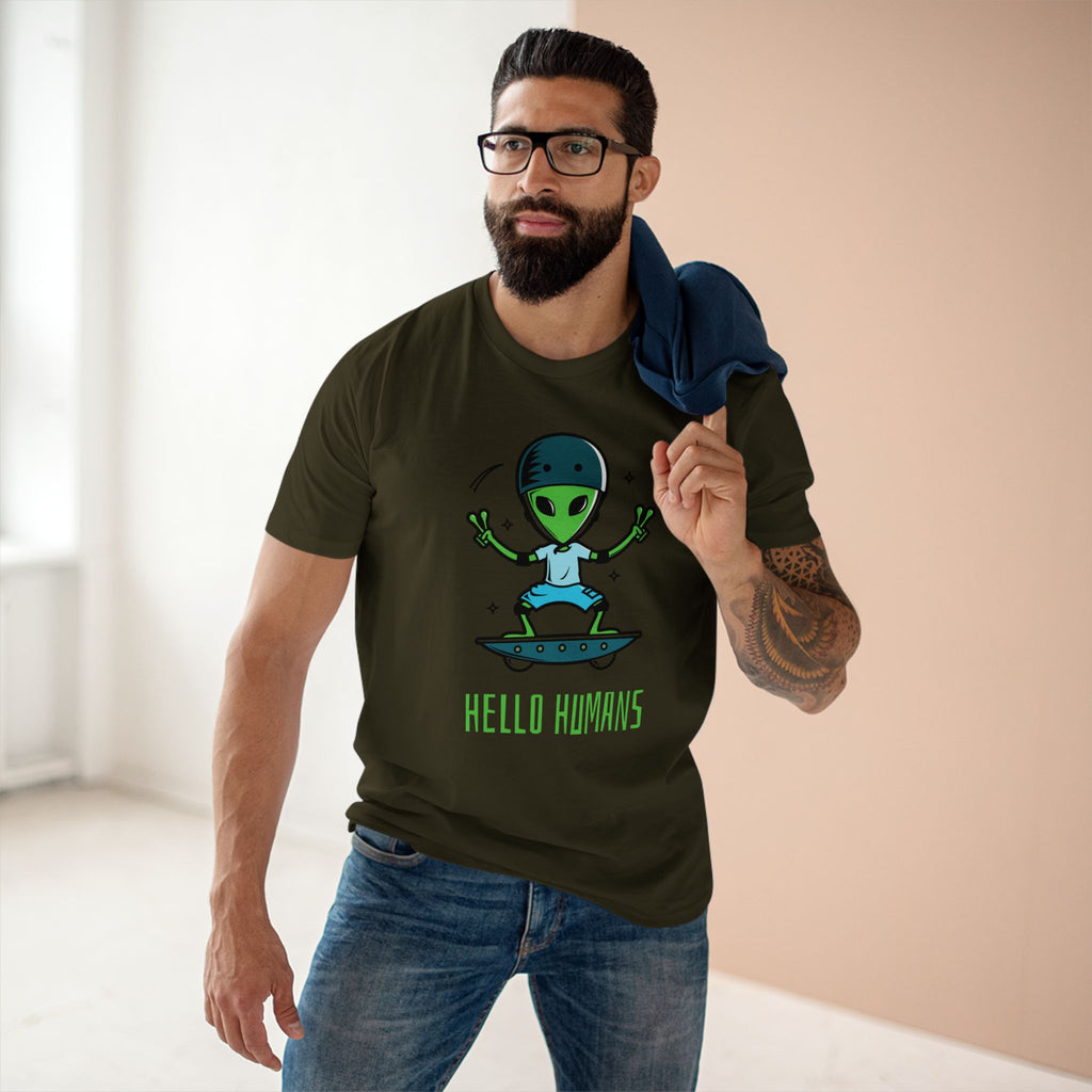 Hello Humans, Alien Skateboard - Men's Staple Tee Army Mens Premium T-Shirt Printed in AU and US Sci Fi
