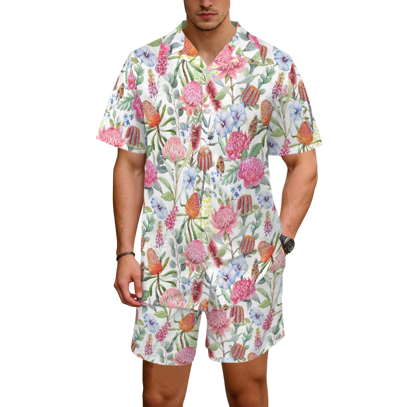 Australian Flowers Men's Hawaiian Shirt & Shorts Set Men's Hawaiian Shirt & Shorts Set Plants Printed Offshore