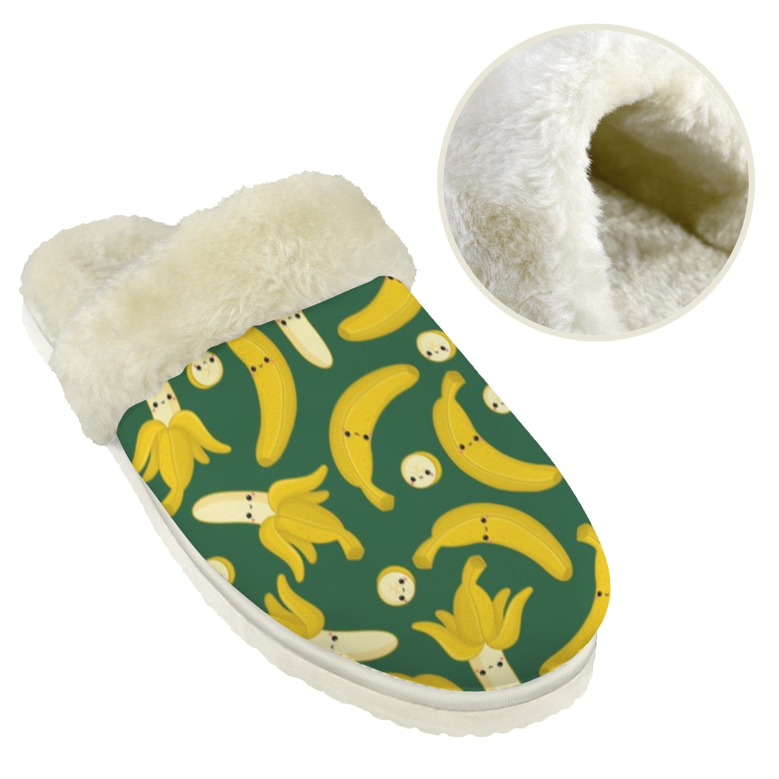 Happy Bananas Men's Fur Trim Thick-Sole Indoor Slippers Men's Fur Trimmed Slippers Food Printed Offshore