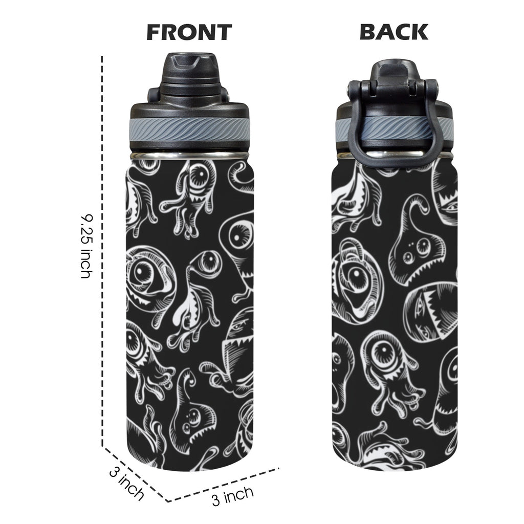 Monsters In Black And White - Insulated Water Bottle with Dual-Use Lid (18oz) Insulated Water Bottle with Dual-Use Lid (18oz) Printed Offshore Sci Fi