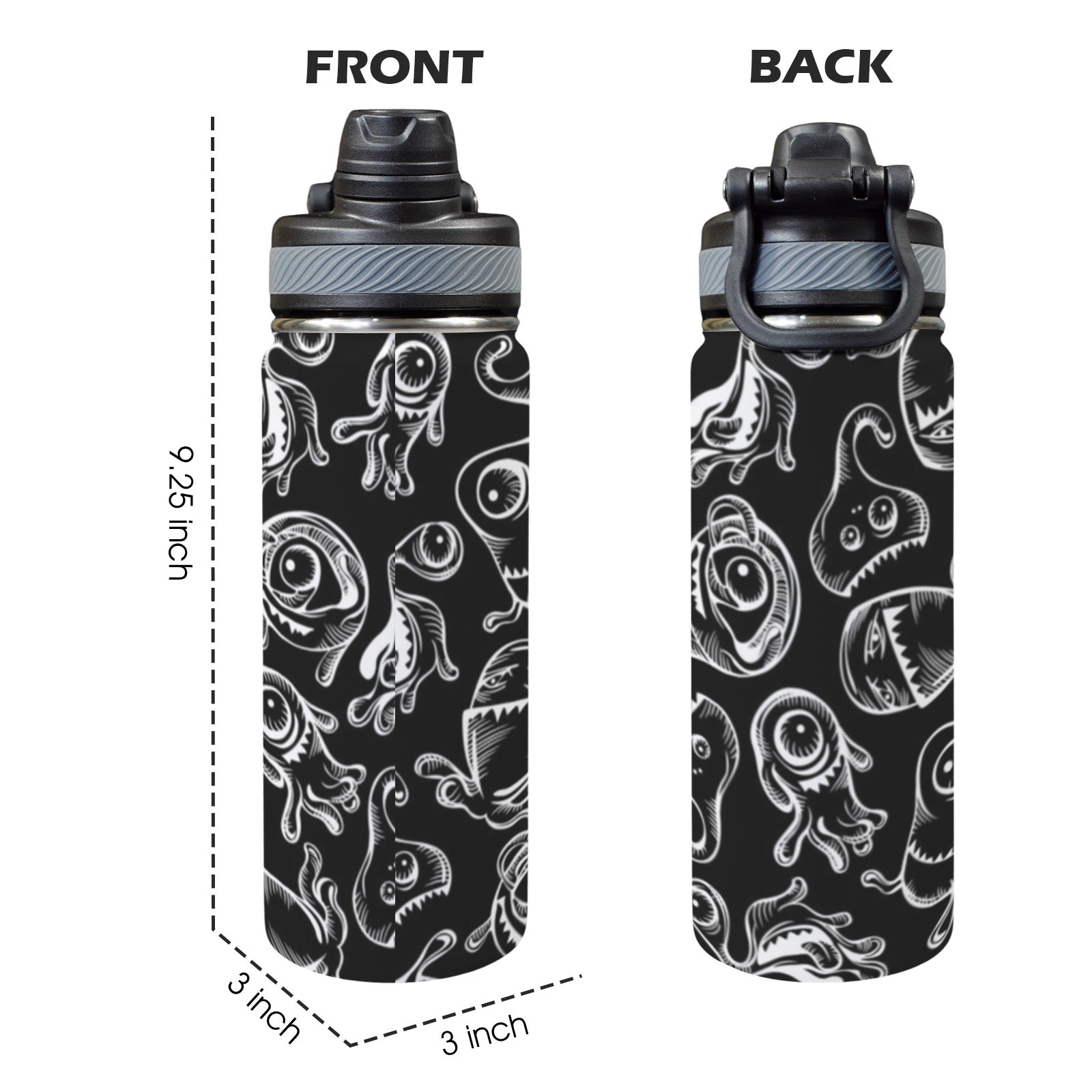 Monsters In Black And White - Insulated Water Bottle with Dual-Use Lid (18oz) Insulated Water Bottle with Dual-Use Lid (18oz) Printed Offshore Sci Fi
