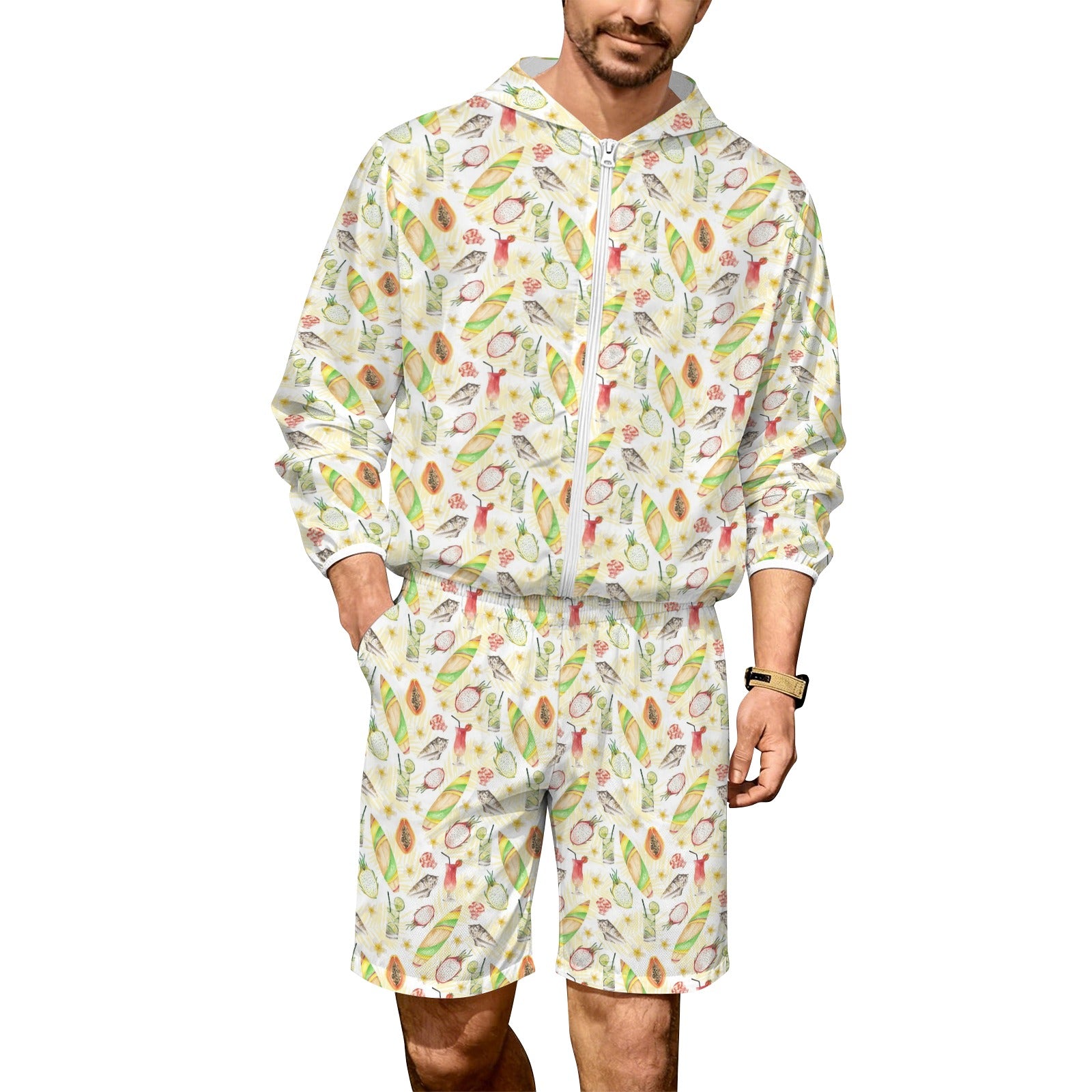 Tropical Surf Men's Lightweight Sun Hoodie & Shorts Set 4XL Men's Lightweight Sun Hoodie & Shorts Printed Offshore Summer Surf