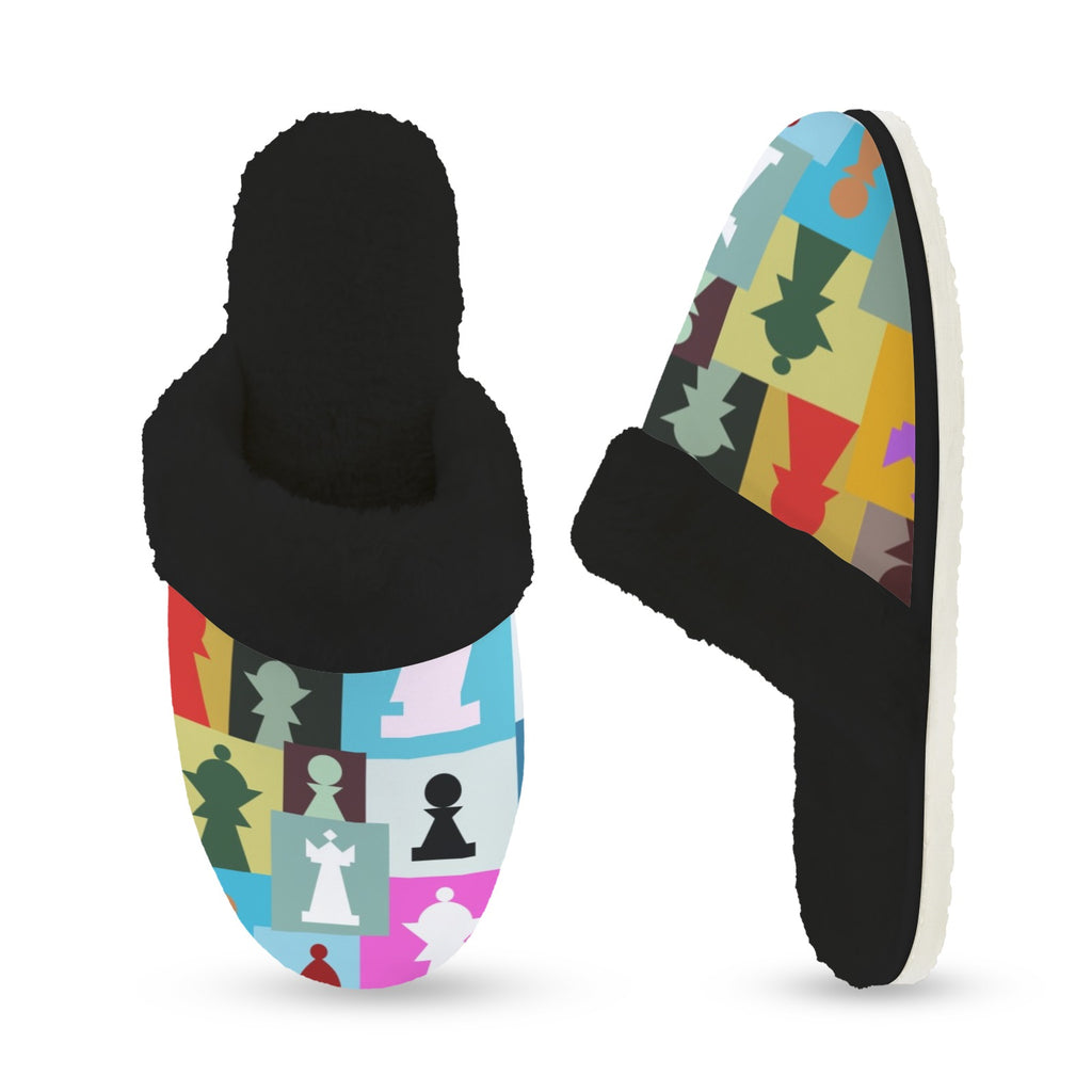Colourful Chess Women's Fur Trim Thick-Sole Indoor Slippers Women's Fur Trimmed Slippers Chess Games Printed Offshore