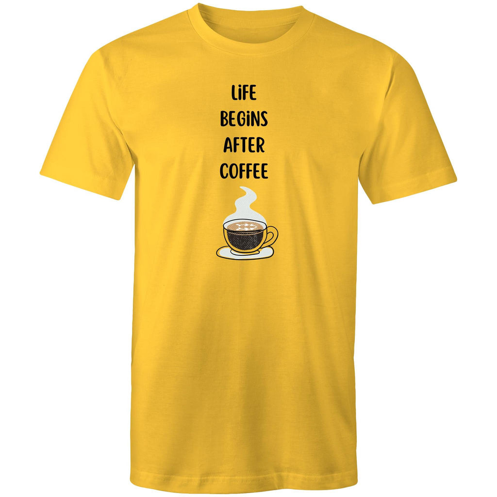 Life Begins After Coffee - Mens T-Shirt Yellow Mens T-shirt Coffee Printed In Australia